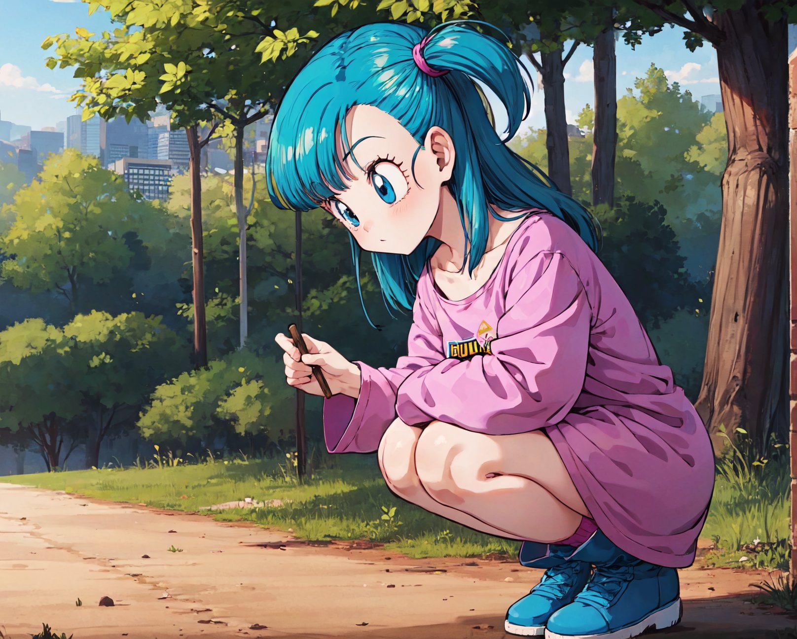 bulma \(dragonball\), 1girl, knees to chest, solo, drawing, holding stick, pajamas, collarbone, blue eyes, looking down, boots, blue footwear, dress, aqua hair, full body, outdoors, sky, day, socks, tree, one side up, squatting, pink dress, oversized clothes, purple_legwear, eyebrows, eyelashes, logo print <lora:bulmaDragonBall:0.7>