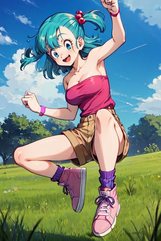 bulma \(dragonball\), 1girl, solo, breasts, looking at viewer, smile, open mouth, blue eyes, wristwatch, field, outstretched hand, leg up, pink tube top, hair ornament, cleavage, bare shoulders, sitting, full body, outdoors, sky, shoes, shorts, outstretched arm, day, socks, cloud, blue sky, strapless, aqua hair, one side up, cloudy sky, grass, hair bobbles, wristband, sneakers, pink footwear, brown shorts, purple socks, arm up, collarbone, eyebrows, eyelashes, jumping, fingernails, medium hair, looking to the side, clenched hand, raised eyebrows, midair, tongue, teeth<lora:bulmaDragonBall:0.7>