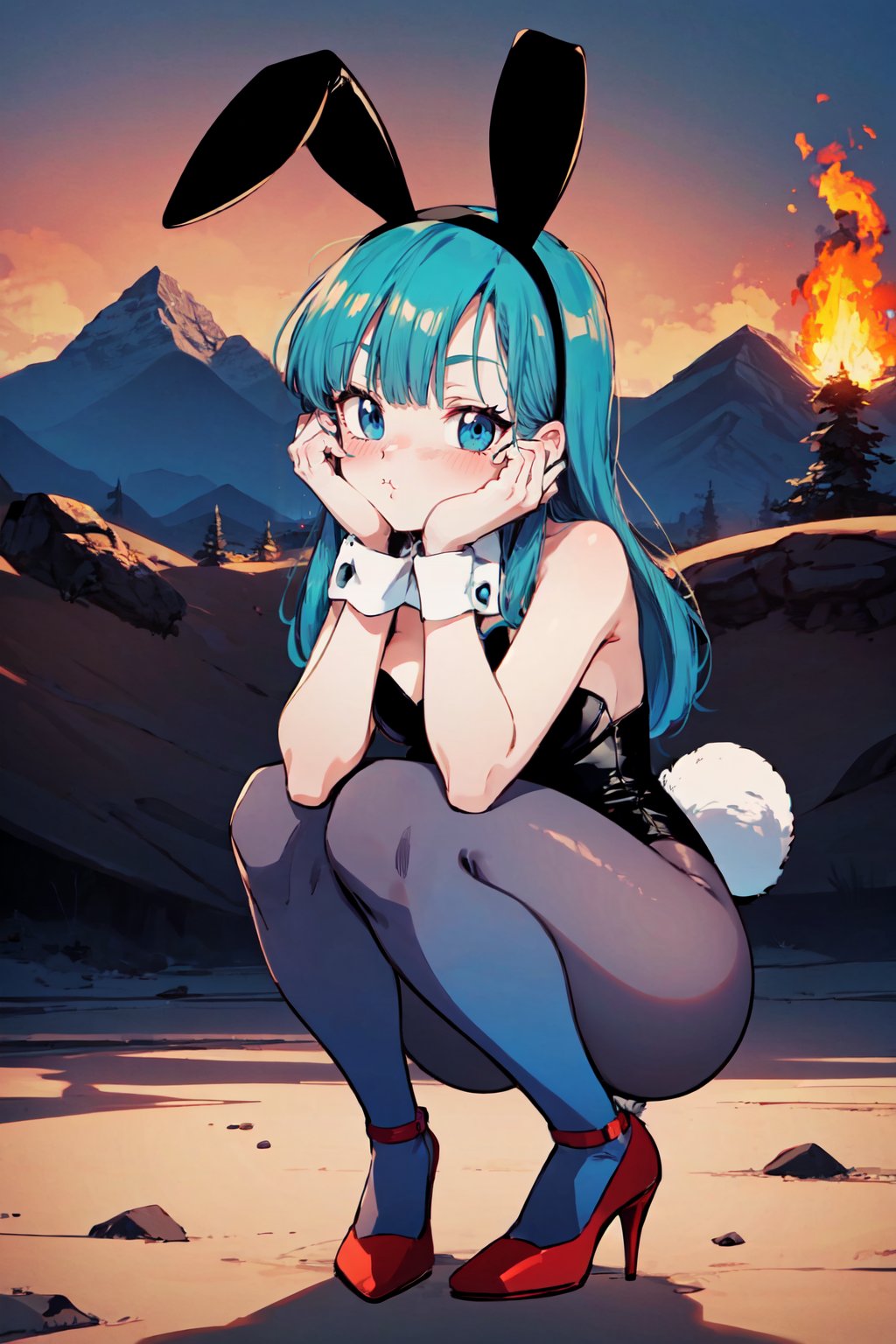 bulma \(dragonball\), floppy_ears, 1girl, solo, long hair, blush, bangs, blue eyes, mountain, fire, animal ears, bare shoulders, tail, full body, pantyhose, rabbit ears, high heels, leotard, wrist cuffs, strapless, aqua hair, fake animal ears, playboy bunny, squatting, rabbit_tail, black leotard, strapless leotard, head rest, pout, fake tail, hands on own face, hands on own cheeks, blue legwear, pouty lips, red footwear, <lora:bulmaDragonBall:0.7>