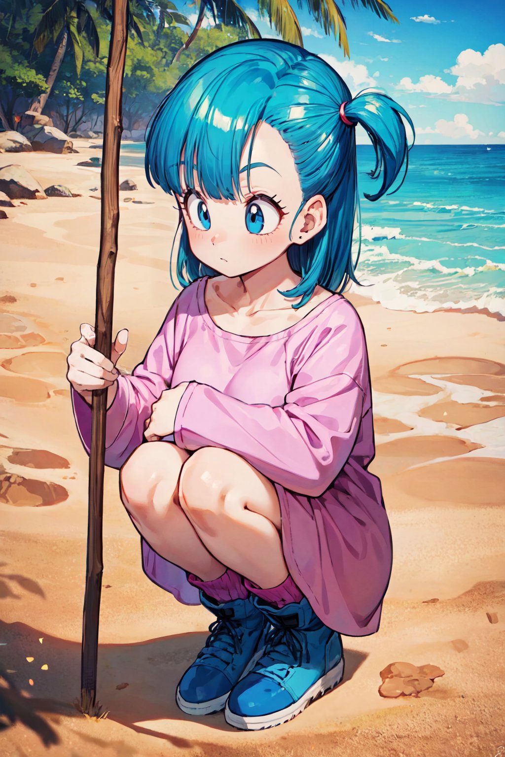 bulma \(dragonball\), 1girl, knees to chest, solo, drawing, holding stick, pajamas, collarbone, blue eyes, looking down, boots, blue footwear, dress, aqua hair, full body, outdoors, sky, day, socks, tree, one side up, squatting, pink dress, oversized clothes, purple_legwear, eyebrows, eyelashes, sand, beach, from above,  <lora:bulmaDragonBall:0.7>