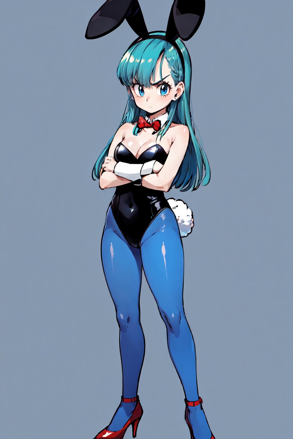 bulma \(dragonball\), 1girl, annoyed, solo, long hair, breasts, looking at viewer, blue eyes, simple background, white background, bow, animal ears, cleavage, medium breasts, standing, tail, full body, pantyhose, bowtie, rabbit ears, red bow, high heels, leotard, strapless, aqua hair, detached collar, fake animal ears, playboy bunny, crossed arms, red footwear, rabbit_tail, red bowtie, black leotard, strapless leotard, blue pantyhose, collarbone, fake tail, black headband, looking to the side, v-shaped eyebrows, wrist cuffs, blue legwear, eyelashes, eyebrows<lora:bulmaDragonBall:0.7>