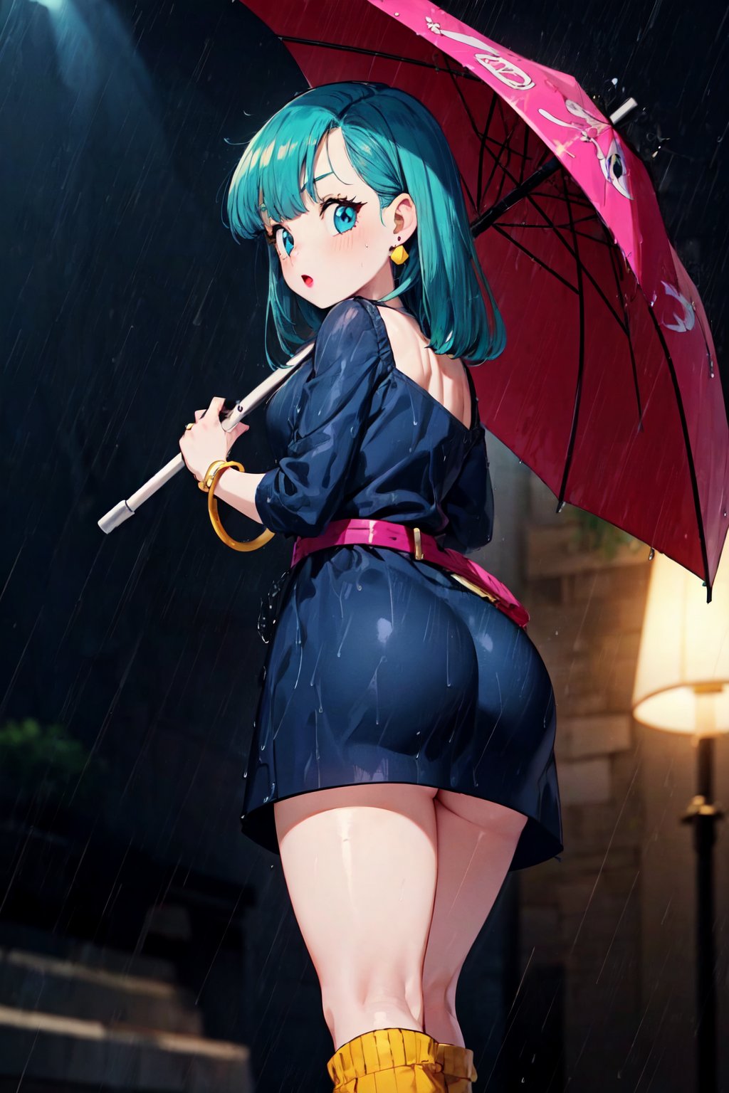 bulma \(dragonball\), aged_up, 1girl, solo,  looking at viewer, blue eyes, dress, holding, blurred background, ass, earrings, boots, looking back, black dress, bracelet, aqua hair, umbrella, short dress, rain, holding umbrella, blue dress, belt, fingernails, fringe trim, lipstick, eyebrows, eyelashes, from below, pink bracelet, raised eyebrows, white footwear, yellow_legwear, socks, shoulder length hair<lora:bulmaDragonBall:0.7>