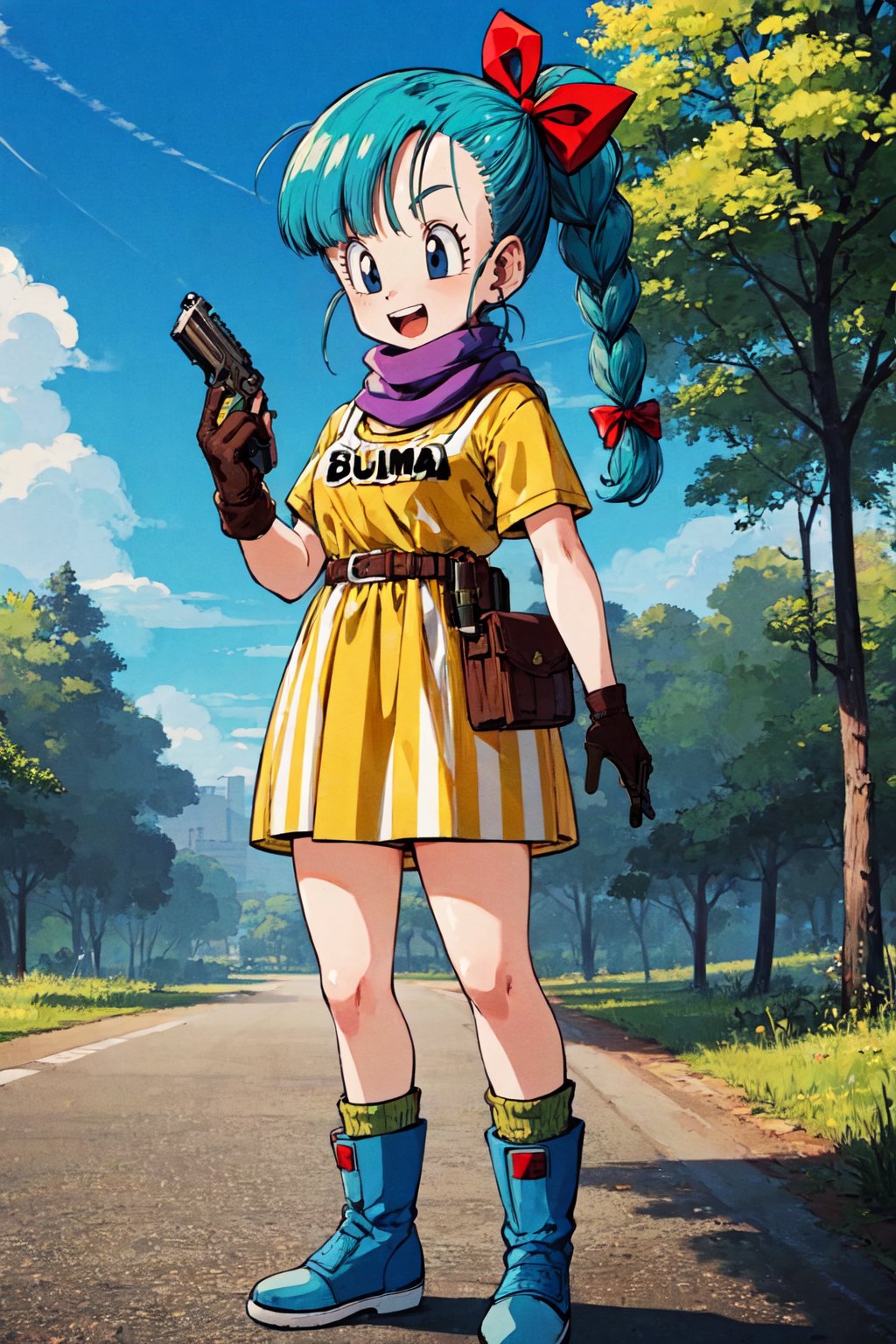 bulma \(dragonball\), 1girl, solo, open mouth, smile, green_legwear,  forest, clothes writing, character name, brown gloves, looking at viewer, green scarf, fanny pack, striped dress, yellow dress, gloves, ribbon, aqua hair, hair ribbon, weapon, braid, boots, outdoors, sky, day, cloud, bag, scarf, black eyes, tree, gun, single braid, facing viewer, handgun, single glove, watch, braided ponytail, wristwatch, holster, holstered weapon, dragon radar, blue footwear, blue sky, teeth, socks, <lora:bulmaDragonBall:0.7>