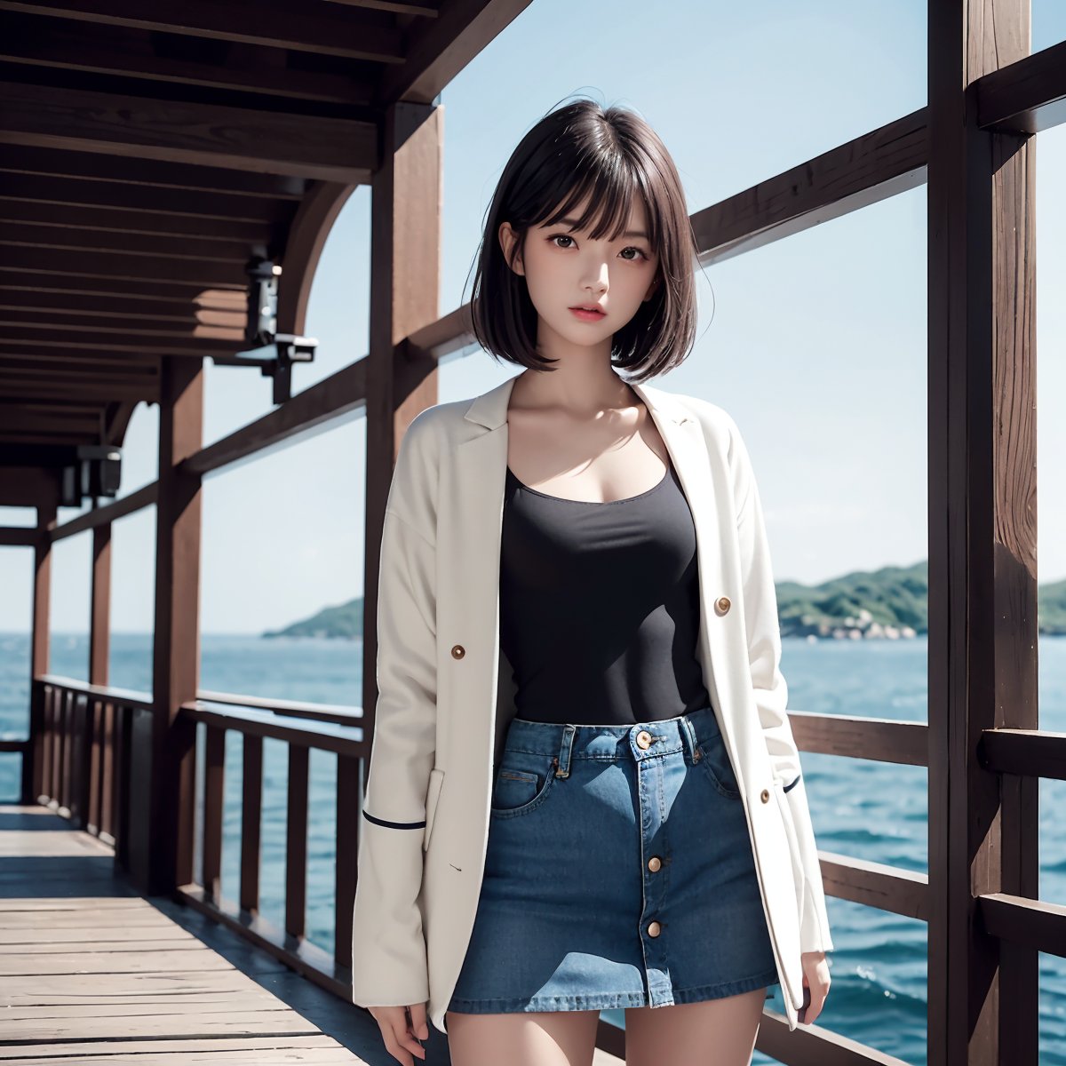 Fractal art that is mesmerizing and visually stunning. Official art, masterpiece. 4K high resolution rendering. One Japanese girl. 17 years old. Black hair (straight, mid-length, bangs). Black eyes. Low stature, small breasts, beautiful legs.
White jacket. Orande Sweater. Denim skirt (front opening buttons). The deck of a ferry. The sea, an island. Solo. cowboy_shot.