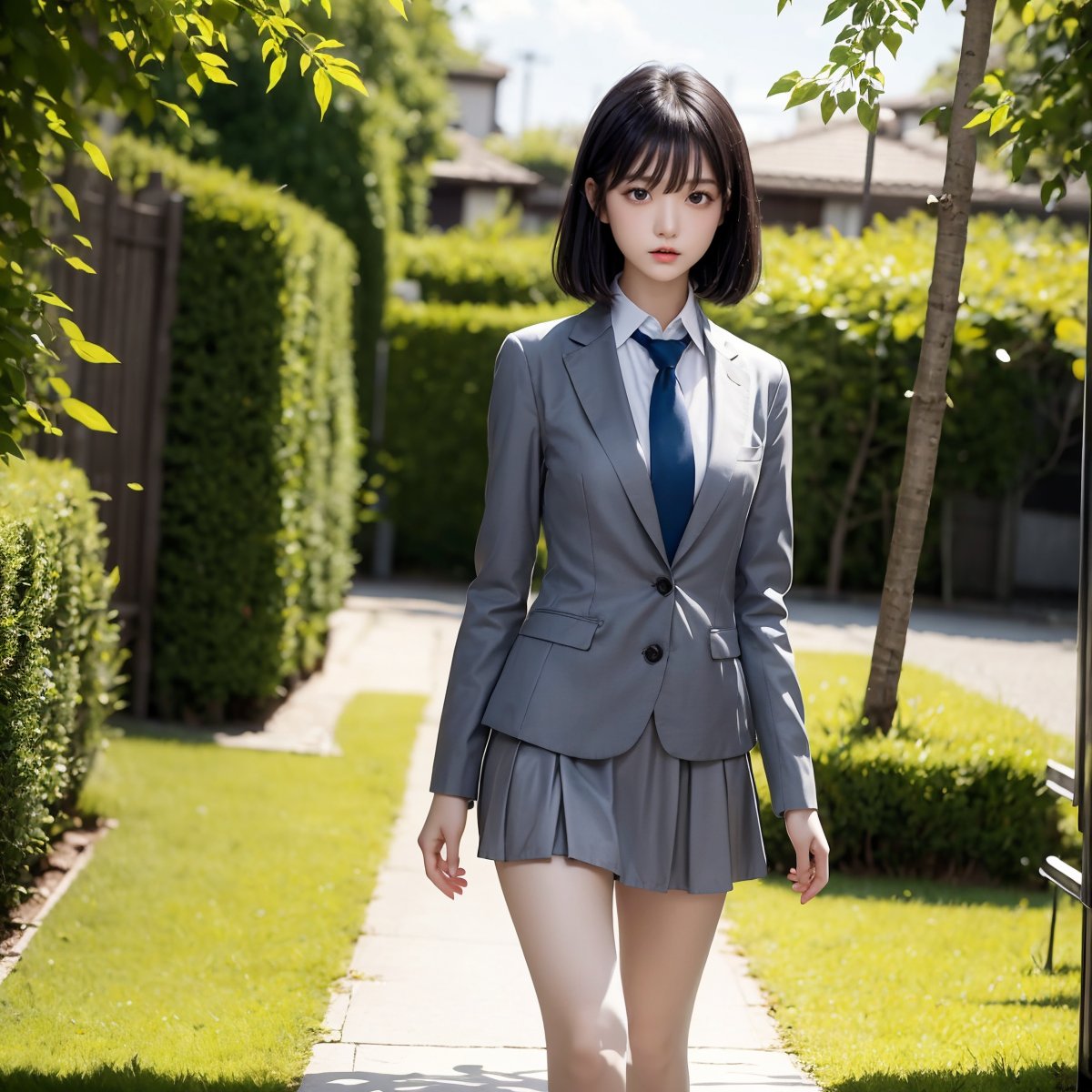 Fractal art that is mesmerizing and visually stunning. Official art, masterpiece. 4K high resolution rendering. One Japanese girl. 17 years old. Black hair (straight, mid-length, bangs). Black eyes. Low stature, small breasts, beautiful legs.
Gray blazer, White collared_shirt, blue tie, lightgray mid-length_skirt. She is walking on a grassy park sidewalk. Solo. cowboy_shot.