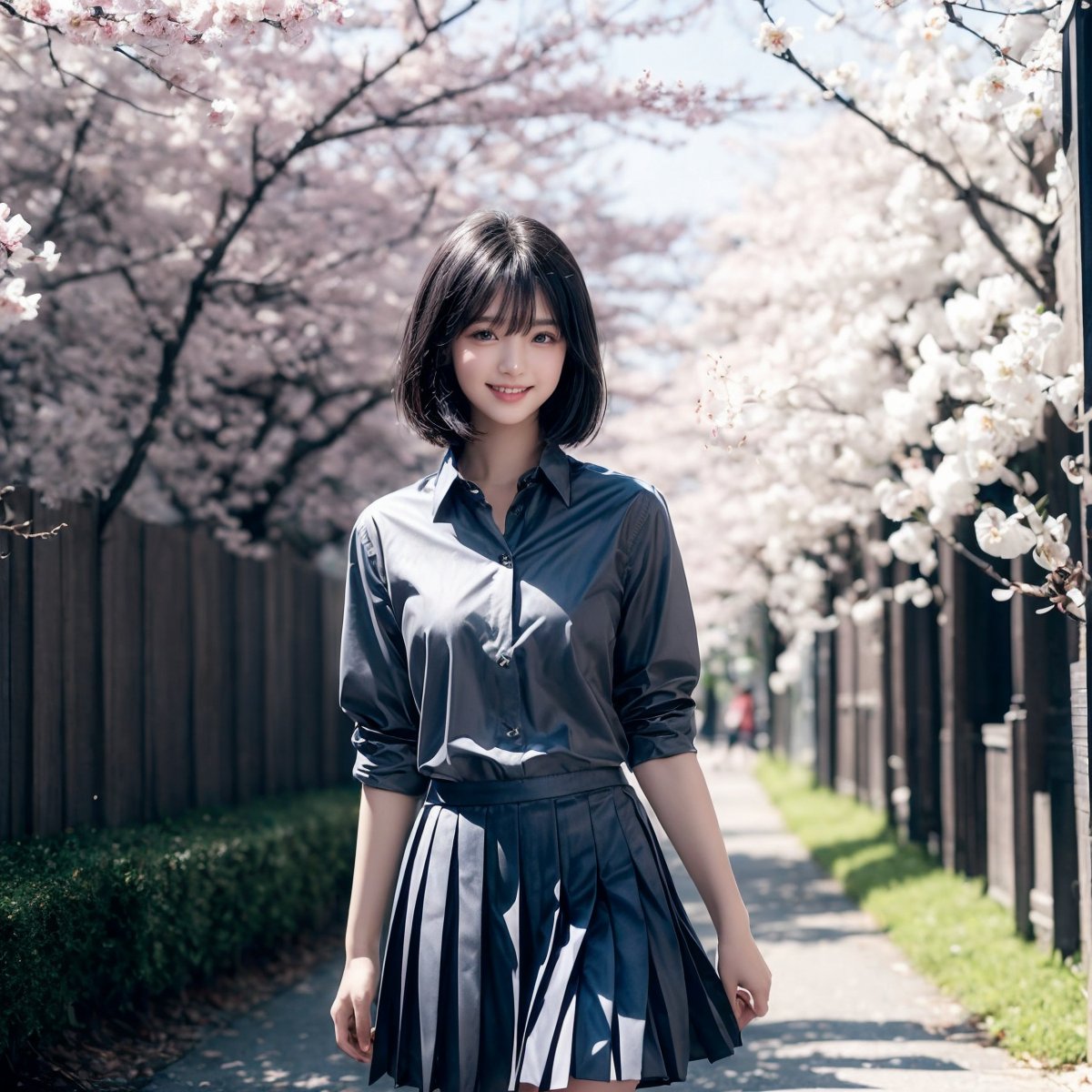 Fractal art that is mesmerizing and visually stunning. Official art, masterpiece. 4K high resolution rendering. One Japanese girl. 17 years old. Black hair (straight, mid-length, bangs). Black eyes. Low stature, small breasts.
Japanese high school girls. School uniform (white collared shirt, gray pleated skirt). She is walking down a tree-lined avenue of cherry trees in full bloom. She has a kind smile. Solo. Cowboy_shot.