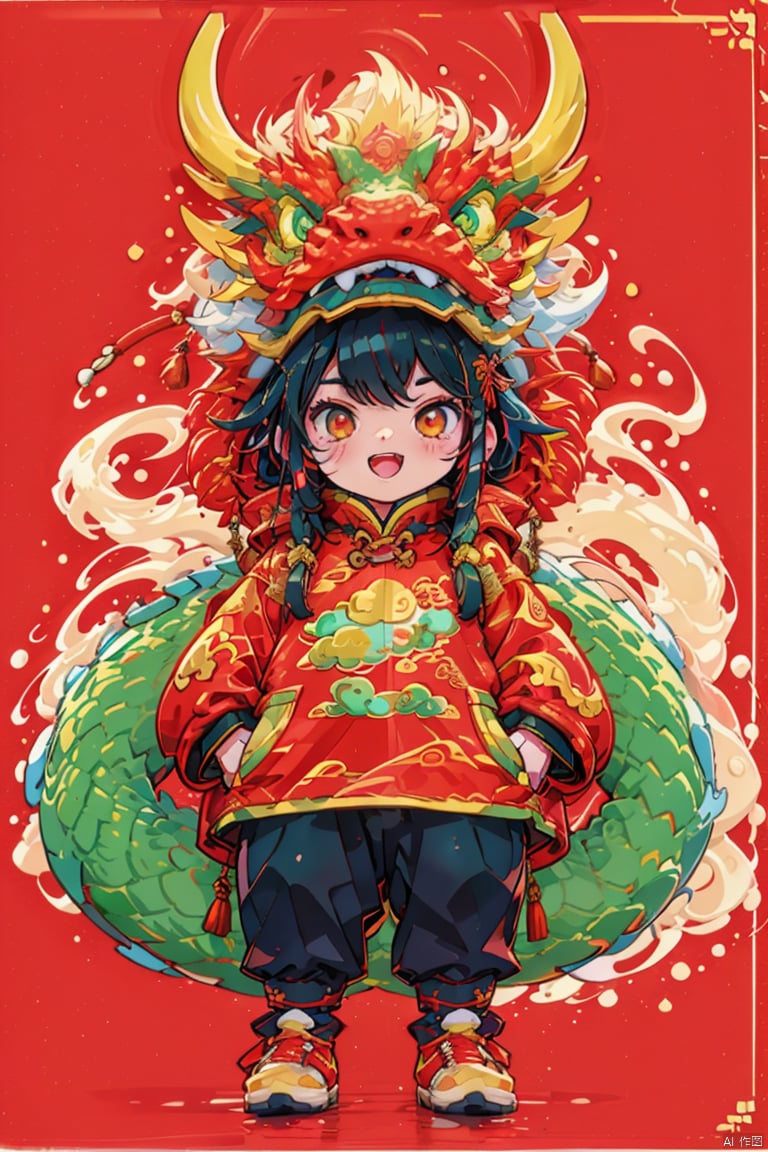 (masterpiece, top quality, best quality, official art),(full body),a fat boy,:d,tiger tooth,Chinese Spring Festival,winter,red sweater,clothes with a hat,hat with dragon characteristics,Chinese dragon,dragon head,Chinese courtyard,indoors,messy room,red theme,masterpiece