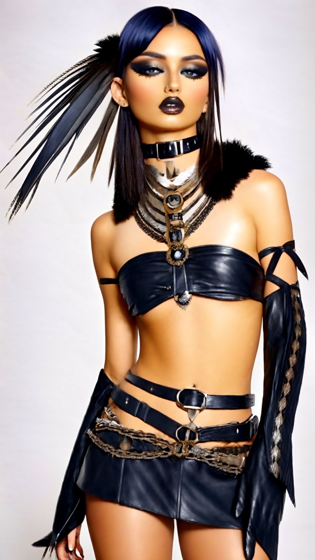 beautiful Nordic girl,Wearing gothic punk and Native American styles, brings forth a unique fashion statement. Imagine intricate leather detailing, feathered accessories, and bold silver jewelry blending the edginess of gothic punk,traditional elements of Native American attire,This unconventional combination creates a striking and culturally rich,, ultra realistic, high detailed