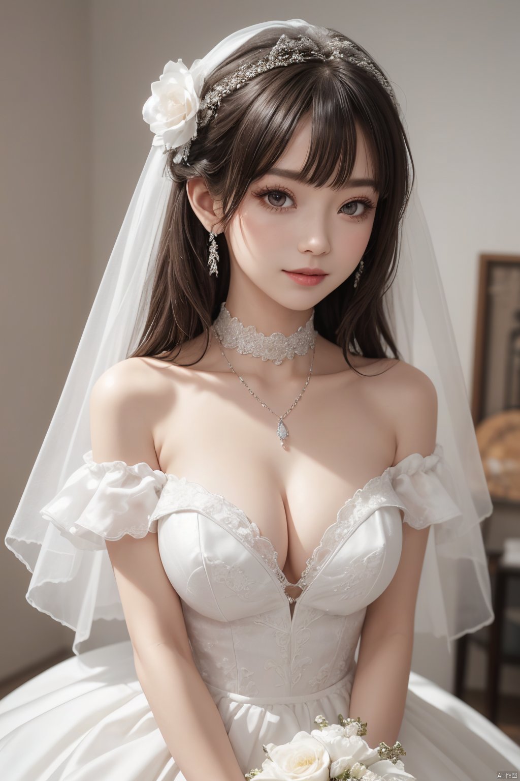  1girl, solo, breasts, looking at viewer, smile, bangs, simple background, hair ornament, dress, holding, cleavage, hair between eyes, bare shoulders, jewelry, closed mouth, purple eyes, collarbone, upper body, pink hair, flower, earrings, choker, white gloves, pink eyes, off shoulder, {white wedding dress}, sparkle, {hair intakes}, white flower, veil, blue flower, bouquet, cropped torso, {{white wedding dress}}, off-shoulder dress, bridal veil, {white choker}, holding bouquet,{upper body},{close-up},Dutch angle,{depth of field},{lensflare},{looking at viewer},{white background}, {{white wedding dress}}, {{white weddingdress}}, {{whiteweddingdress}},{{whiteweddingdress}},{{whiteweddingdress}},{{whiteweddingdress}},{{whiteweddingdress}}



角色：
 Herta\(chgaracter\),tassel,Ball joints,