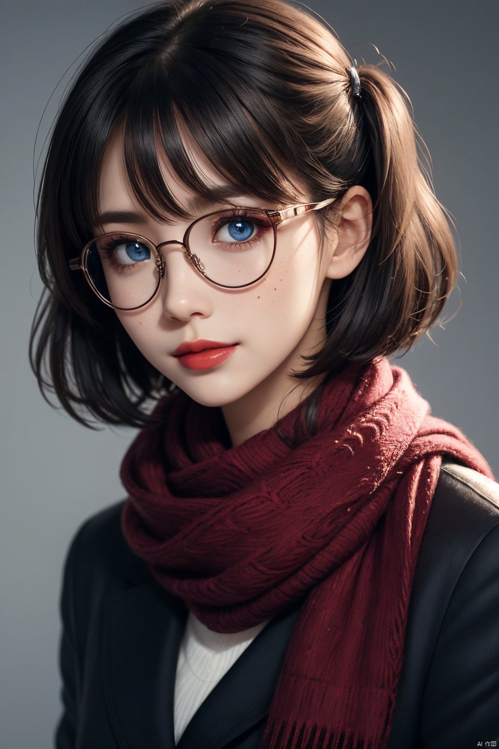  1girl, blue eyes, black hair, realistic, scarf, looking at viewer, twintails, solo, glasses, lips, long hair, portrait, nose, closed mouth, sunglasses, red-framed eyewear, solo focus, finger to mouth, simple background, traditional media, pov, purple scarf, eyelashes, tinted eyewear, close-up, mole, blue background, bangs, signature, upper body, adjusting eyewear, goggles, parted lips, out of frame, red lips, hair between eyes, pov hands, open mouth, blush, makeup, brown hair, grey background, eye focus, lipstick, smile, expressionless, eyewear on head, parted bangs, semi-rimless eyewear, mole under mouth, poking, blurry, freckles, red scarf, looking over eyewear, breasts, blue hair, reflection, two side up, mole under eye, short hair, round eyewear, biting, short twintails, ribbon, painterly, pointing, hand up, pink-framed eyewear , realistic details, surrealistic, sense of reality, very realistic, very realistic, intense contrast of light and shadow