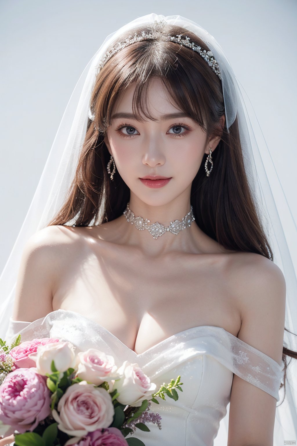  1girl, solo, breasts, looking at viewer, smile, bangs, simple background, hair ornament, dress, holding, cleavage, hair between eyes, bare shoulders, jewelry, closed mouth, purple eyes, collarbone, upper body, pink hair, flower, earrings, choker, white gloves, pink eyes, off shoulder, {white wedding dress}, sparkle, {hair intakes}, white flower, veil, blue flower, bouquet, cropped torso, {{white wedding dress}}, off-shoulder dress, bridal veil, {white choker}, holding bouquet,{upper body},{close-up},Dutch angle,{depth of field},{lensflare},{looking at viewer},{white background}, {{white wedding dress}}, {{white weddingdress}}, {{white weddingdress}}, {{whiteweddingdress}},{{whiteweddingdress}},{{whiteweddingdress}},{{whiteweddingdress}}



角色：
 Herta\(chgaracter\),tassel,Ball joints,