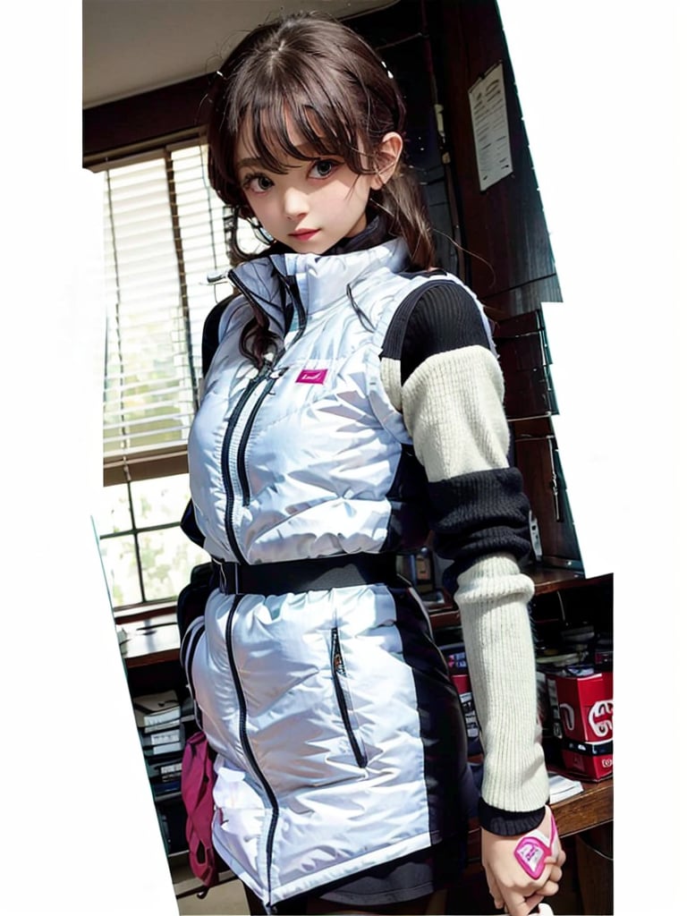 Extreme detail,One girl,white downvest,Astrovest,BREAK,inside house