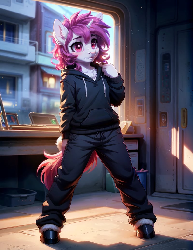 ((fluffy anthro furry Pony, my little pony, mlp), hooves, snout), (short wavy hair, woman, remarkably detailed  red eyes, detailed face), baggy pants, pose, Lonely,Space Opera style, Anime artwork by White Fox, masterpiece, best quality, absurdres, color graded, soft warm lighting, subsurface scattering, face focus