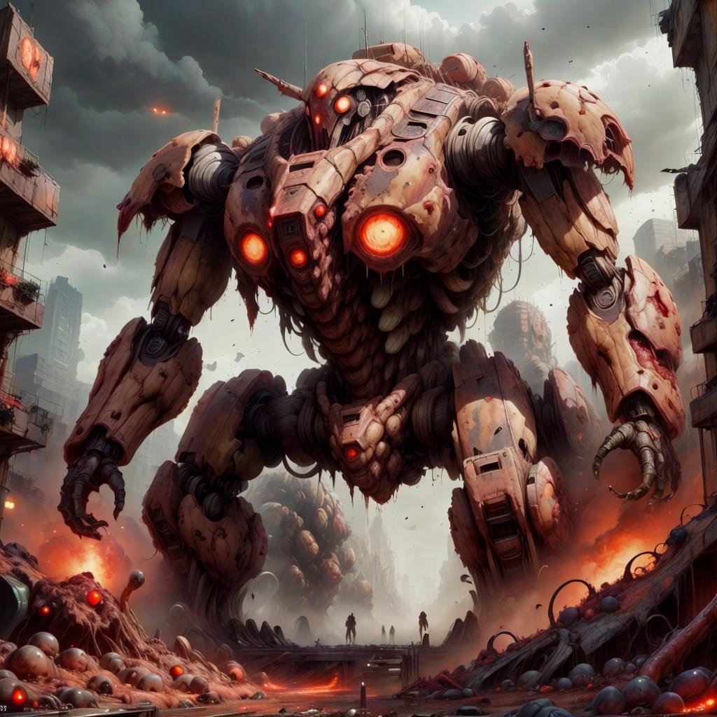 <lora:RottenTech-30:0.8>,rottentech , scifi,biohazard,  filthy, <lora:add_detail:0.4> colossal battle mech , destruction,