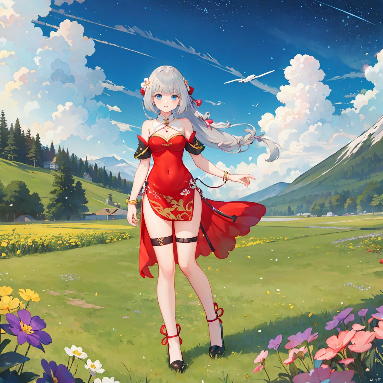 tian_qi_ji, 1girl, solo, long hair, braid, grey hair, medium breasts, bangs, blue eyes, gloves, dress, ribbon, cleavage, bare shoulders, jewelry, black footwear, bracelet, bare legs, covered navel, thigh strap, chinese clothes, red dress,

days, cloudy, stars, in a meadow, the top of the hill,