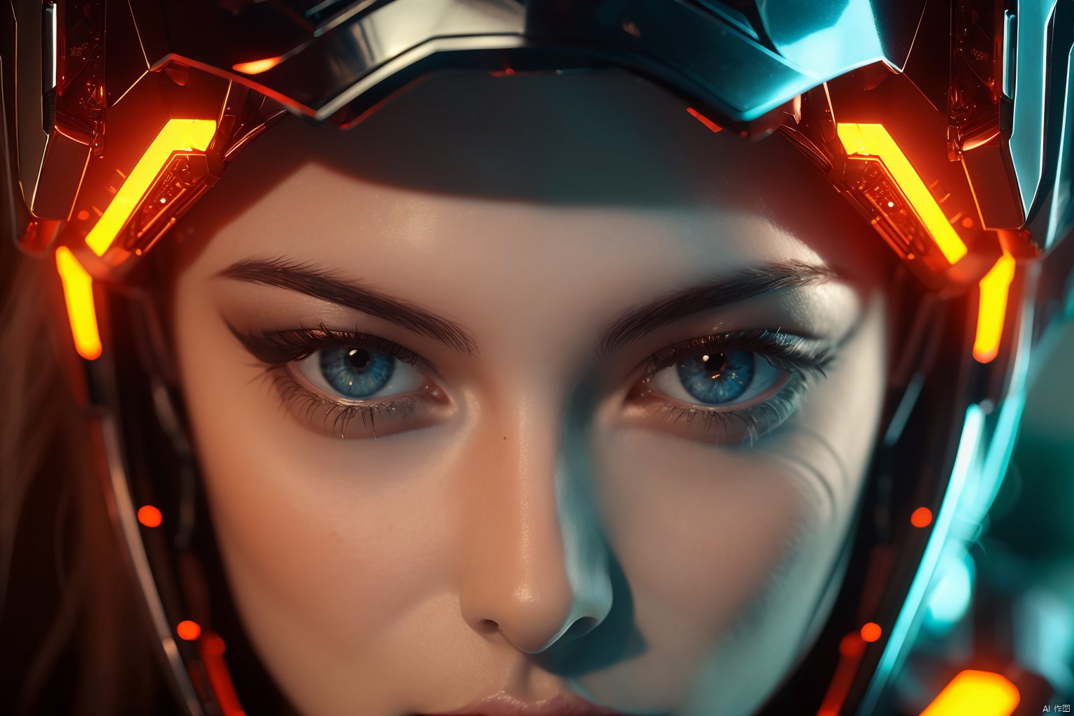 yxch, 1 girl, 1 woman, 1girl, solo, looking at viewer, portrait, lips, cyberpunk, brown eyes, science fiction, brunette, close up, glow, red mechanical eye, helmet, armor, futuristic technology