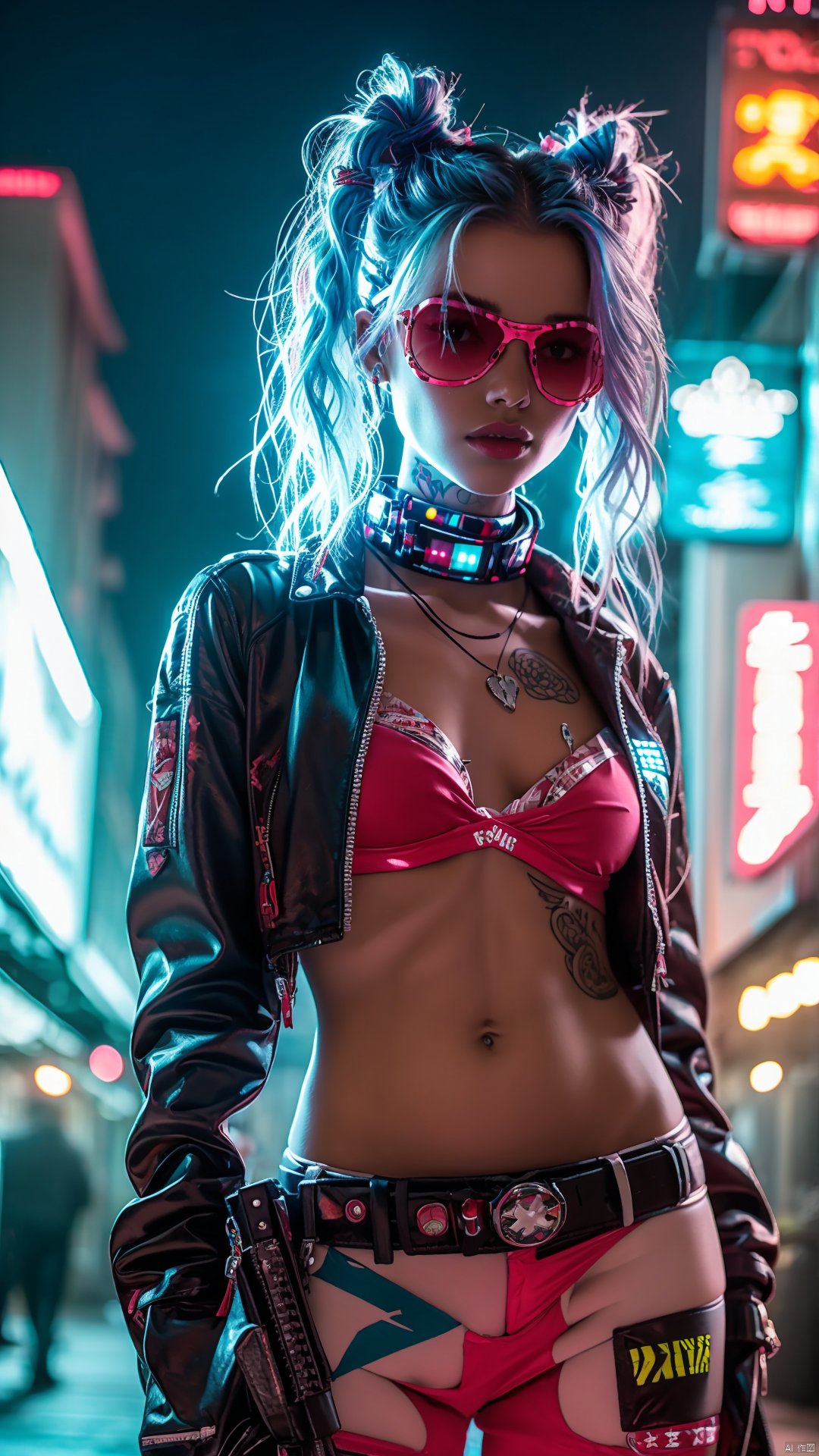 yxch, 1 girl, 1 woman, 1girl, solo, piercing, navel, blurry, twintails, tattoo, cyberpunk, weapon, blurry background, lips, choker, breasts, night, navel piercing, looking at viewer, long hair, pants, neon lights, depth of field, cowboy shot, midriff, jacket, standing, stomach tattoo, small breasts, dark skin, collar, realistic, gun, ear piercing, blue hair, jewelry, swimsuit, gloves, bra, dark-skinned female, outdoors, bikini, sunglasses, belt, long sleeves