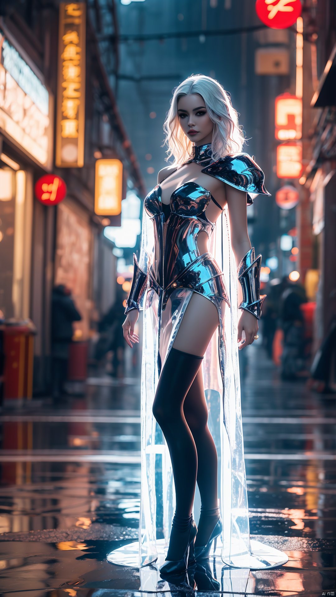 yxch, 1 girl, 1 woman, 1 girl, armor, long hair, solo, cyberpunk, blur, blurred background, neon, breasts, looking at viewer, perspective, standing, science fiction, tights, white hair , backlight, jewelry, shoulder armor, asymmetrical clothes, makeup, fantasy, transparent cloak, glossy material clothes