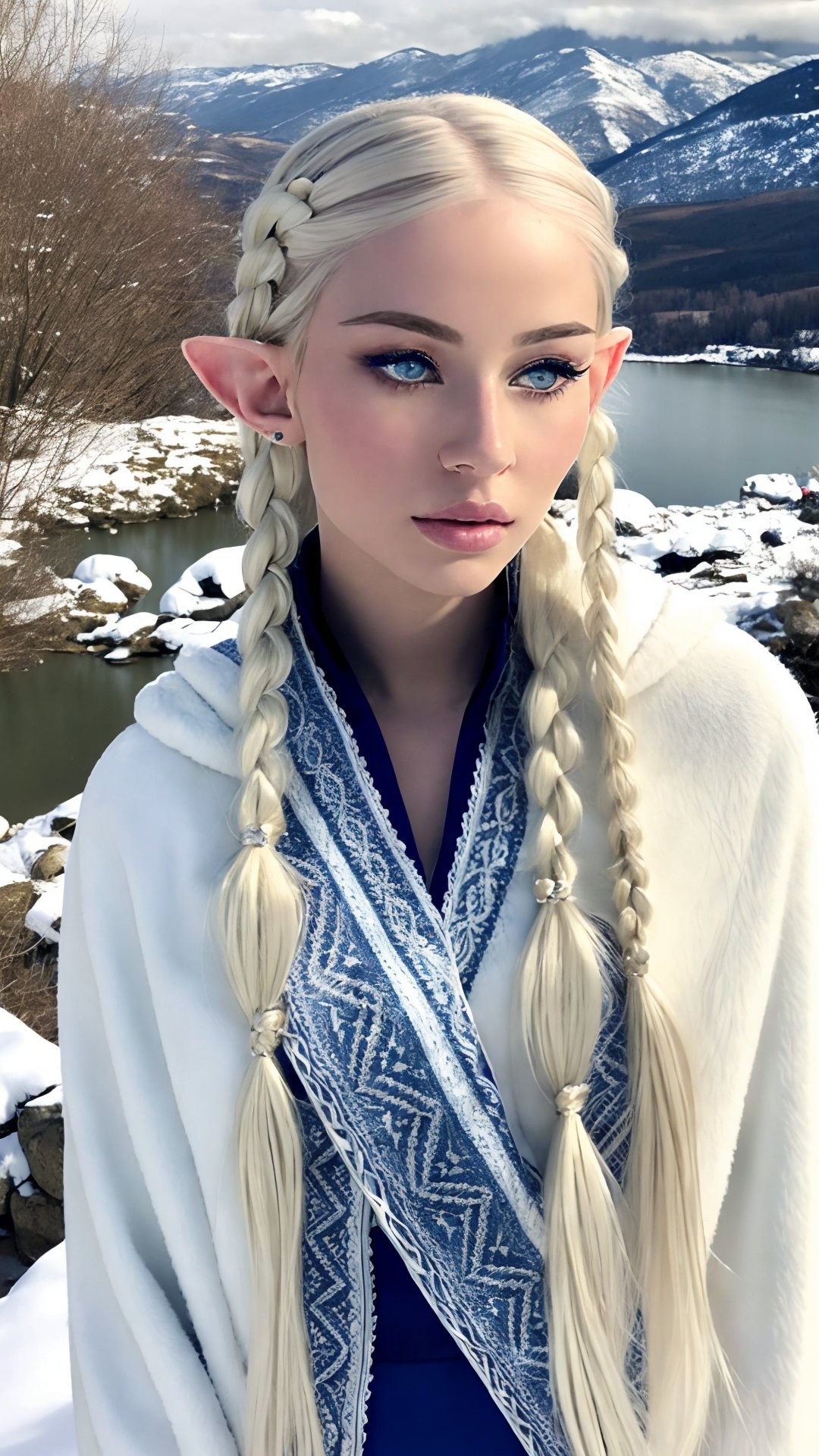 masterpiece, Best Quality, Ultra-detailed, solo,  beautiful young albino elf lady,platinum silver shining pigtails hair, long elvish braid, side braid, blue eyes,Depth and Dimension in the Pupils,So beautiful eyes,elf ears, white skin like alabaster, Wearing leather tunic, hooded cloak, animal fur hood, intricate clothing, animal fur clothing, dark clothing, waistband, scarf, soft smile, bending posture, looking into the distance, snowy mountain scenery, overlooking valley, river, white clouds, seen from behind