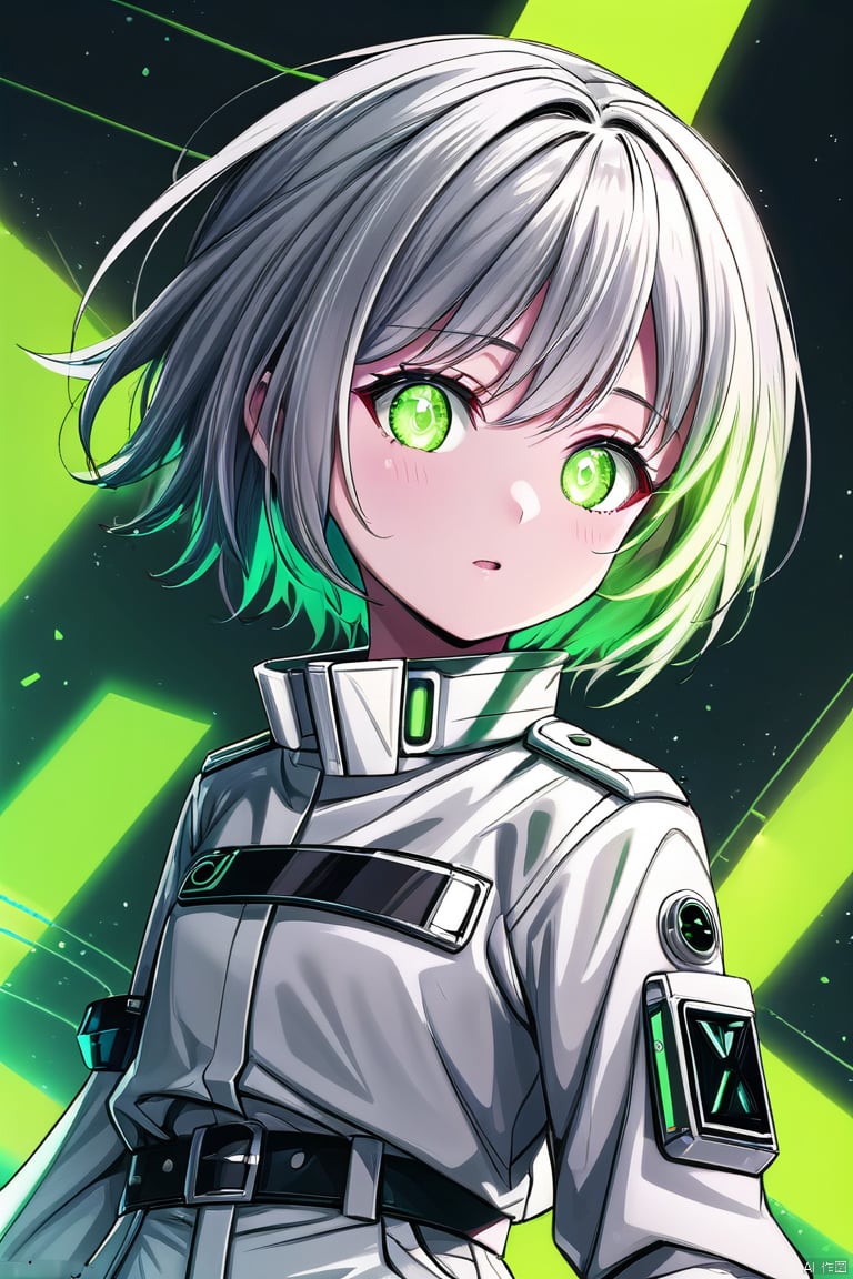 (masterpiece), (best quality),Science fiction, RGB, RTX, graphics card, graphics card fan, green fluorescent tube,Solid color background, 1 girl, outgoing, sunny and handsome, Green pants, white jacket, Stand up collar jacket, (sci-fi style), Silver short hair, white belt, Green pupils, solo, yxch