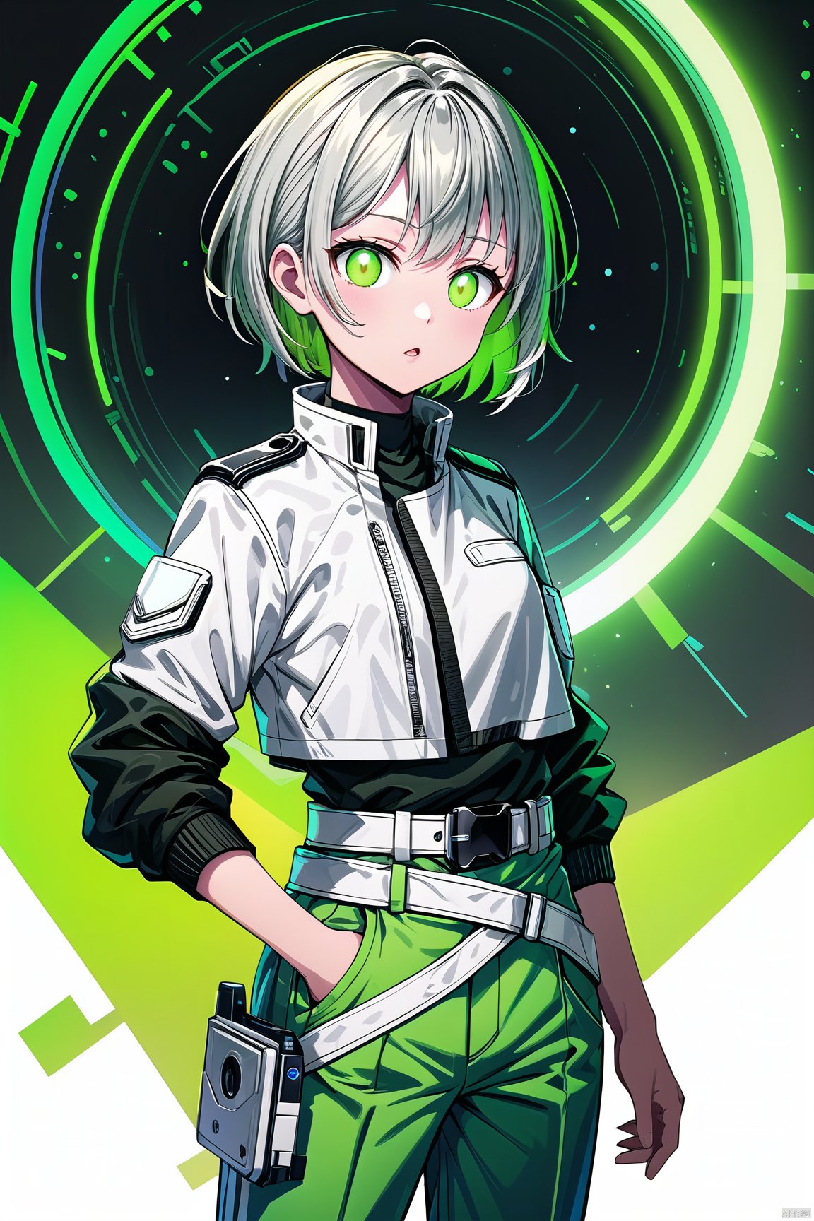 (masterpiece), (best quality),Science fiction, RGB, RTX, graphics card, graphics card fan, green fluorescent tube,Solid color background, 1 girl, outgoing, sunny and handsome, Green pants, white jacket, Stand up collar jacket, (sci-fi style), Silver short hair, white belt, Green pupils, solo, yxch