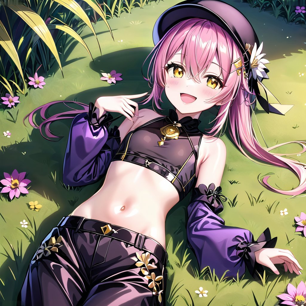 yxch, cuihuo, solo, 1girl, looking at viewer, stomach, crop top, pink hair, sleeveless shirt, detached sleeves, on back, lying, yellow eyes, shirt, black shirt, bare shoulders, smile, breasts, navel, long sleeves, grass, sleeveless, pince-nez, hat, blush, pants, purple headwear, flower, open mouth, hair ornament, small breasts, gold trim, bangs, puffy sleeves, puffy long sleeves, long hair, midriff, jewelry, hand up, hair between eyes, armpits, sidelocks, :d, , a girl laying on the ground with a hat on her head and a sword in her hand, with a purple outfit on