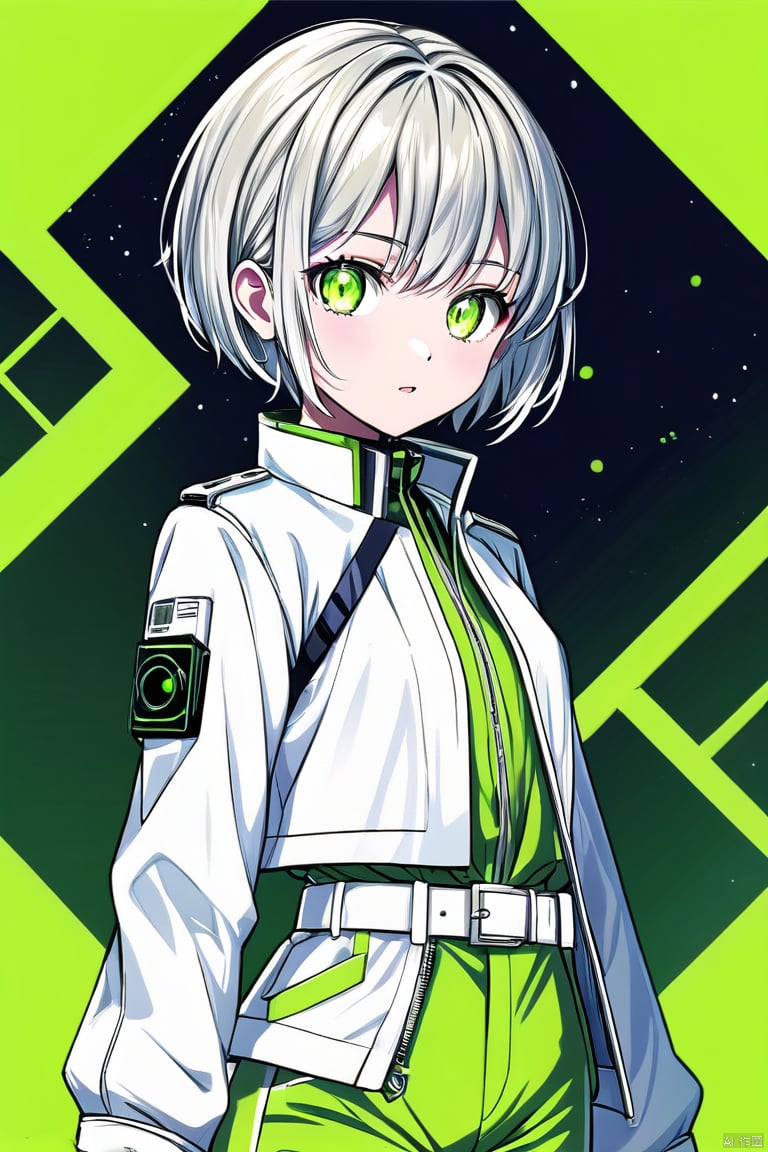 (masterpiece), (best quality),Science fiction,  graphics card, graphics card fan, green fluorescent tube,Solid color background, 1 girl, outgoing, sunny and handsome, Green pants, white jacket, Stand up collar jacket, (sci-fi style), Silver short hair, white belt, Green pupils, solo, yxch