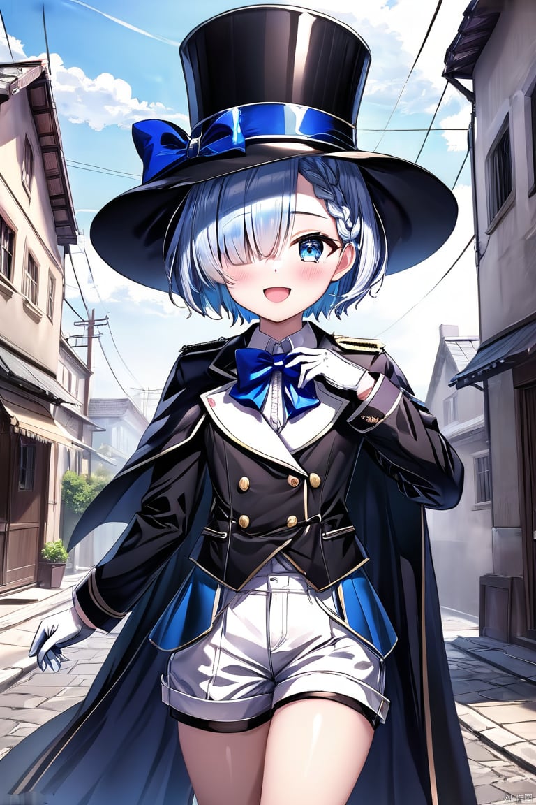 yxch, cuihuo, 1girl, bow, solo, short hair, black headwear, hair over one eye, blue eyes, shorts, smile, white gloves, shirt, epaulettes, blue bow, gloves, long sleeves, outdoors, bowtie, hat, white shirt, thigh strap, building, day, looking at viewer, cape, collared shirt, blue hair, blue bowtie, short shorts, jacket, sky, white shorts, black cape, cowboy shot, black jacket, bangs, cloud, skindentation, hat bow, braid, blue sky, top hat, power lines, standing, thighs, vest, open mouth, :d, , a woman in a top hat and cape standing in a city street with buildings in the background and a blue - eyed girl with white hair