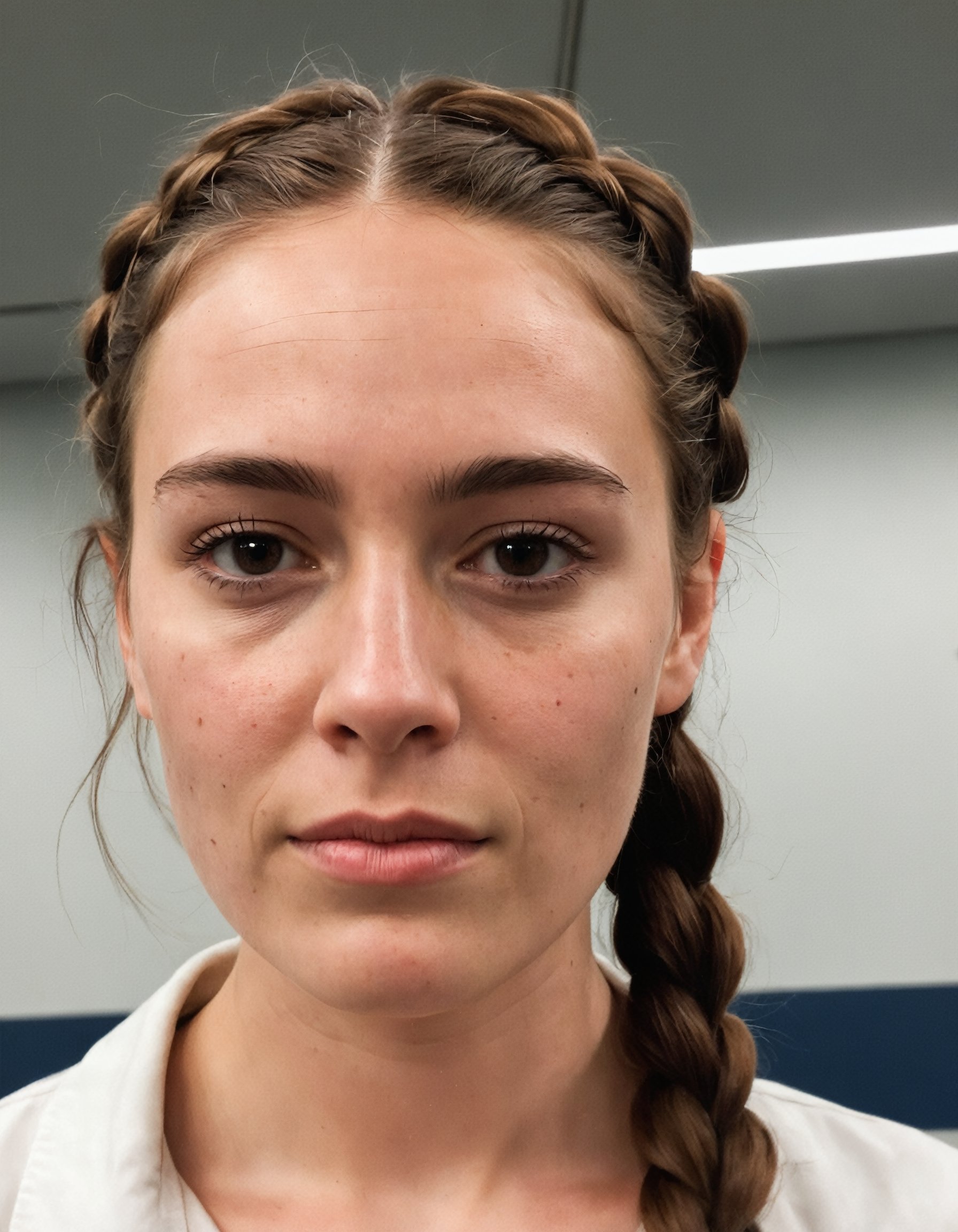 amateur cellphone photography  woman with Dark brown French braid hair at flight school, (freckles:0.5) . f8.0, samsung galaxy, noise, jpeg artefacts, poor lighting,  low light, underexposed, high contrast
