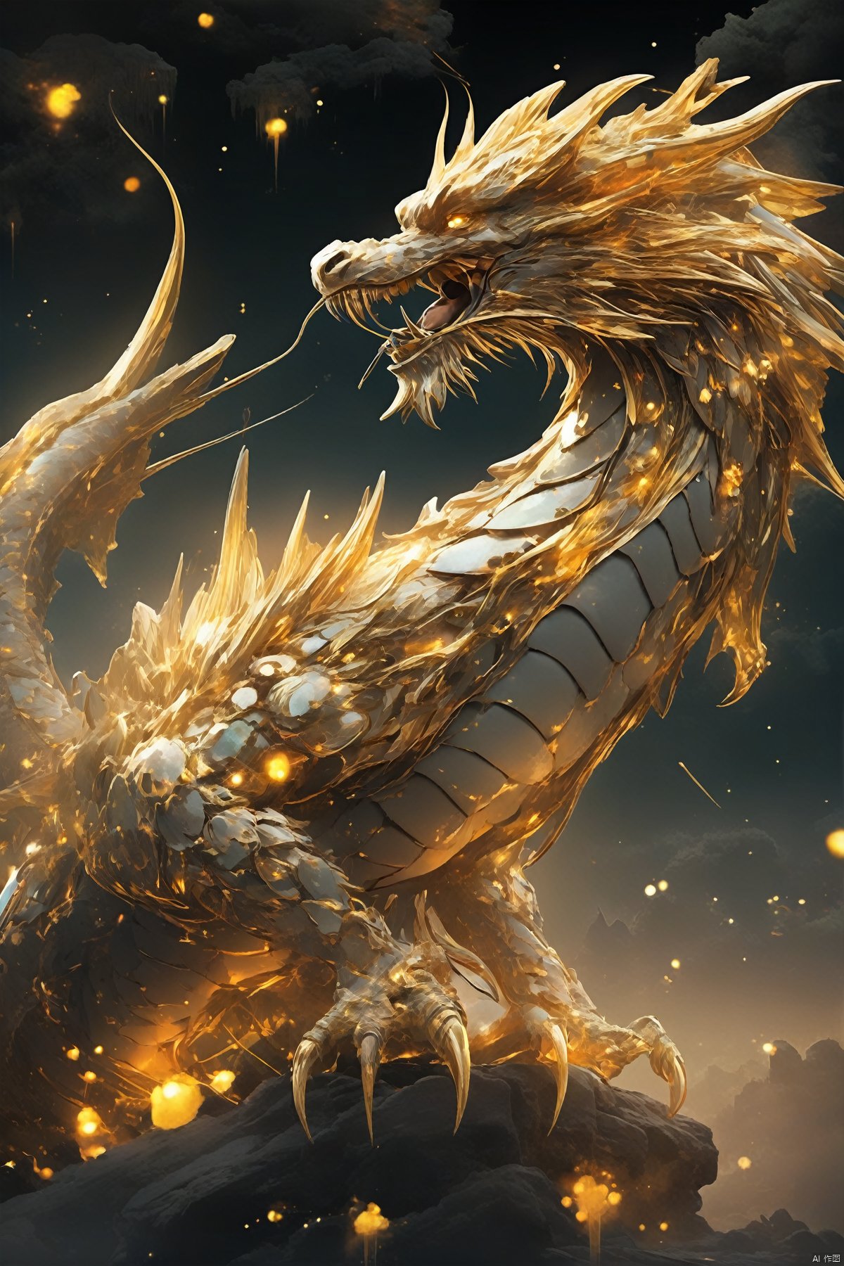  Chinese dragon king, magic, shimmering scales, laser eyes, golden color, eyes emitting laser beams