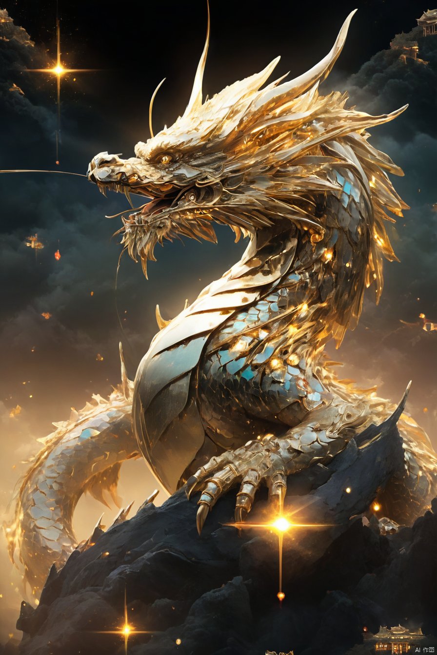  Chinese dragon king, magic, shimmering scales, laser eyes, golden color, eyes emitting laser beams