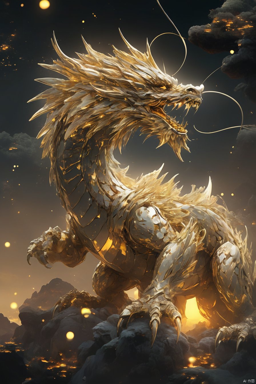  Chinese dragon king, magic, shimmering scales, laser eyes, golden color, eyes emitting laser beams