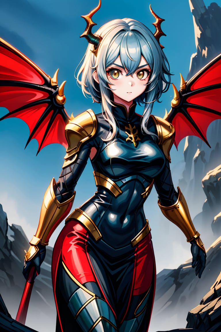 dragon girl, dragon wings, wearing a medievalr golden armor, ,guweiz style,1 girl, 8k, best quality, masterpiece, cute anime girl, 