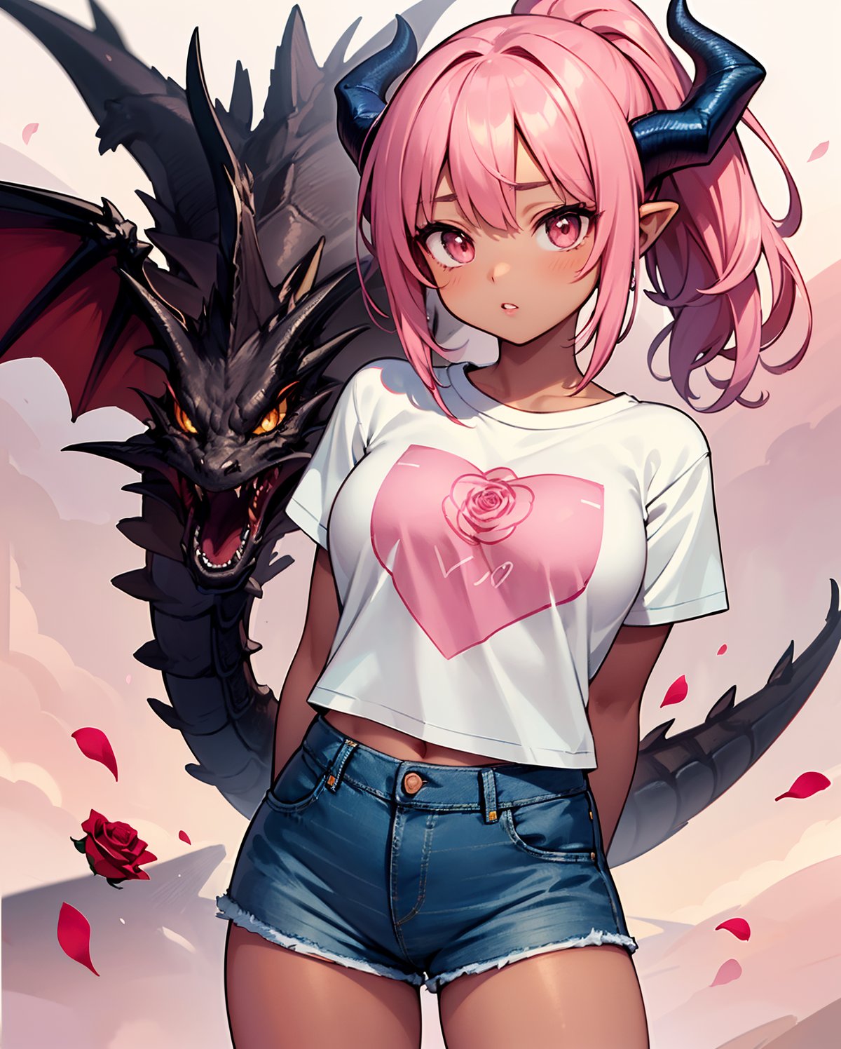 (dragon daughter theme:1.3),(Pink rose valentine's day theme:1.5),(Pink rose flower filed background:1.4), ,(masterpiece, top quality, best quality, official art, beautiful and aesthetic:1.2), hdr, high contrast, ultra high res, 1girl, solo, orange hair, pony tailhair, bulnt hair, bulunt ponytail hair, looking at viewer, brown eyes, upper body, parted lips, busty, blurry, lips, film noir, pink rose flower, pinkrose petals, fantasy, (dragon horns:1.4),dynamic, standng with arms behind back, noir, mafia, yakuza, ((T shirt, denim shorts:1.4)),finger detailed, background detailed, ambient lighting, extreme detailed, cinematic shot, realistic ilustration, (soothing tones:1.3), (hyperdetailed:1.2),tan skin,(tan skin:1.6),portrait,green theme