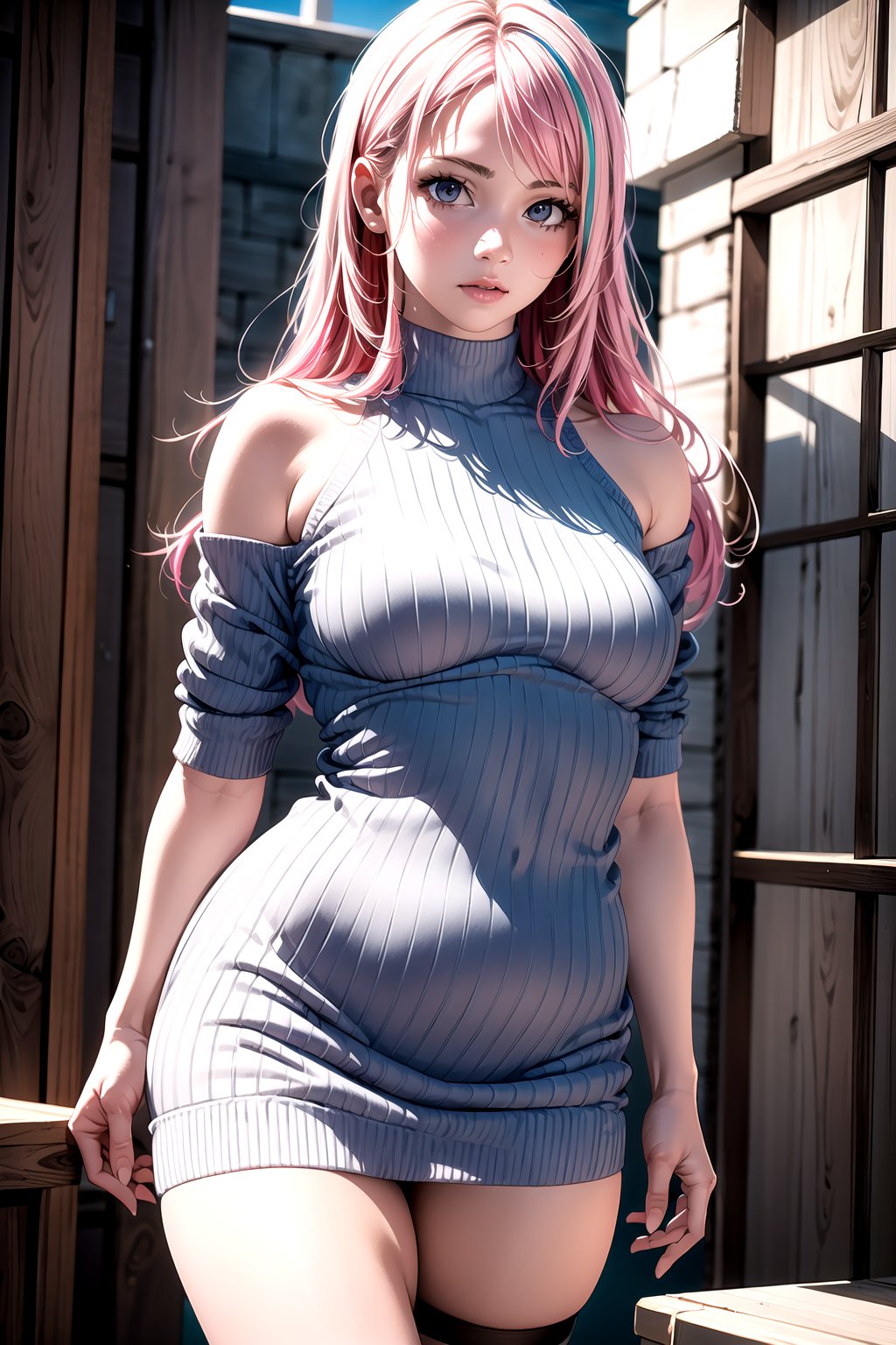 (masterpiece, best quality, high resolution, 64k, highly detailed, intricate), illustration, (realistic:1.75), (realistic design:1.5), soft light, more details, Full body,

1girl, Luna, blonde hair, (pink streaked hair), long hair, small breasts, (sweater dress:1.5), (fashion shop:1.275), indoor, thigh strap, bare shoulders, lace thong, self_fondle, desire, vulgarity, erotic, skirt lifted, (dynamic posture),