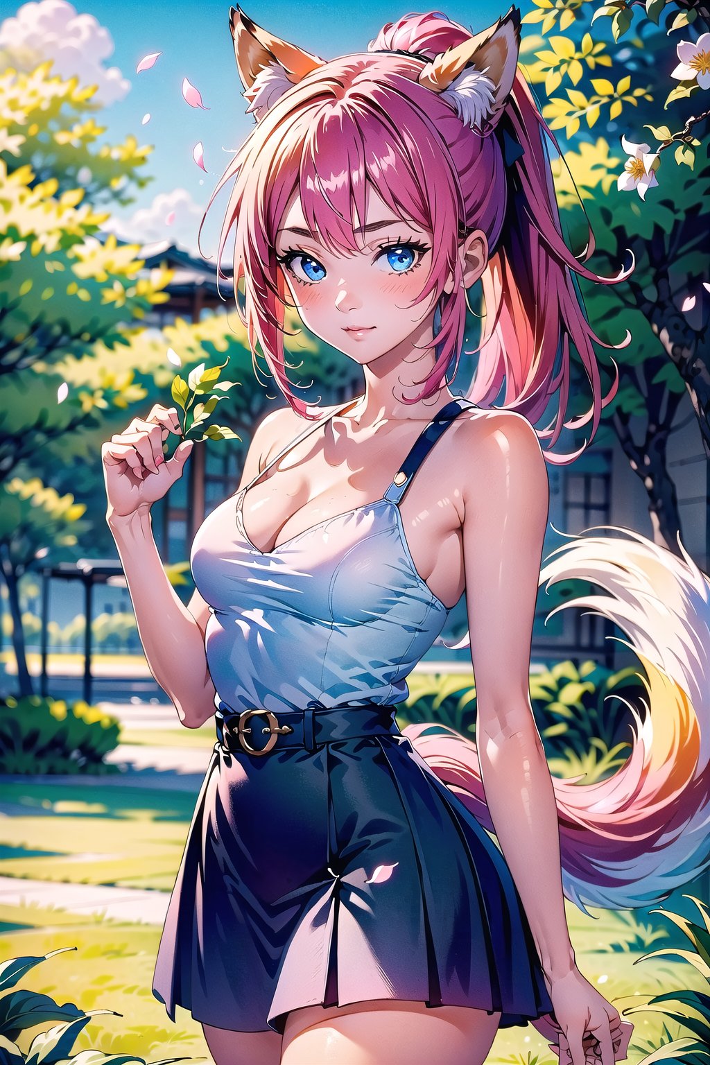 1girl, solo, long hair, breasts, looking at viewer, bangs, blue eyes, skirt, medium breasts, shirt, hair ornament, holding, animal ears, cleavage, bare shoulders, very long hair, closed mouth, standing, tail, white shirt, ponytail, pink hair, flower, cowboy shot, sleeveless, belt, black skirt, bra, lips, animal ear fluff, bare arms, petals, fox ears, cherry blossoms, pink nails, high-waist skirt, holding hair, toned,