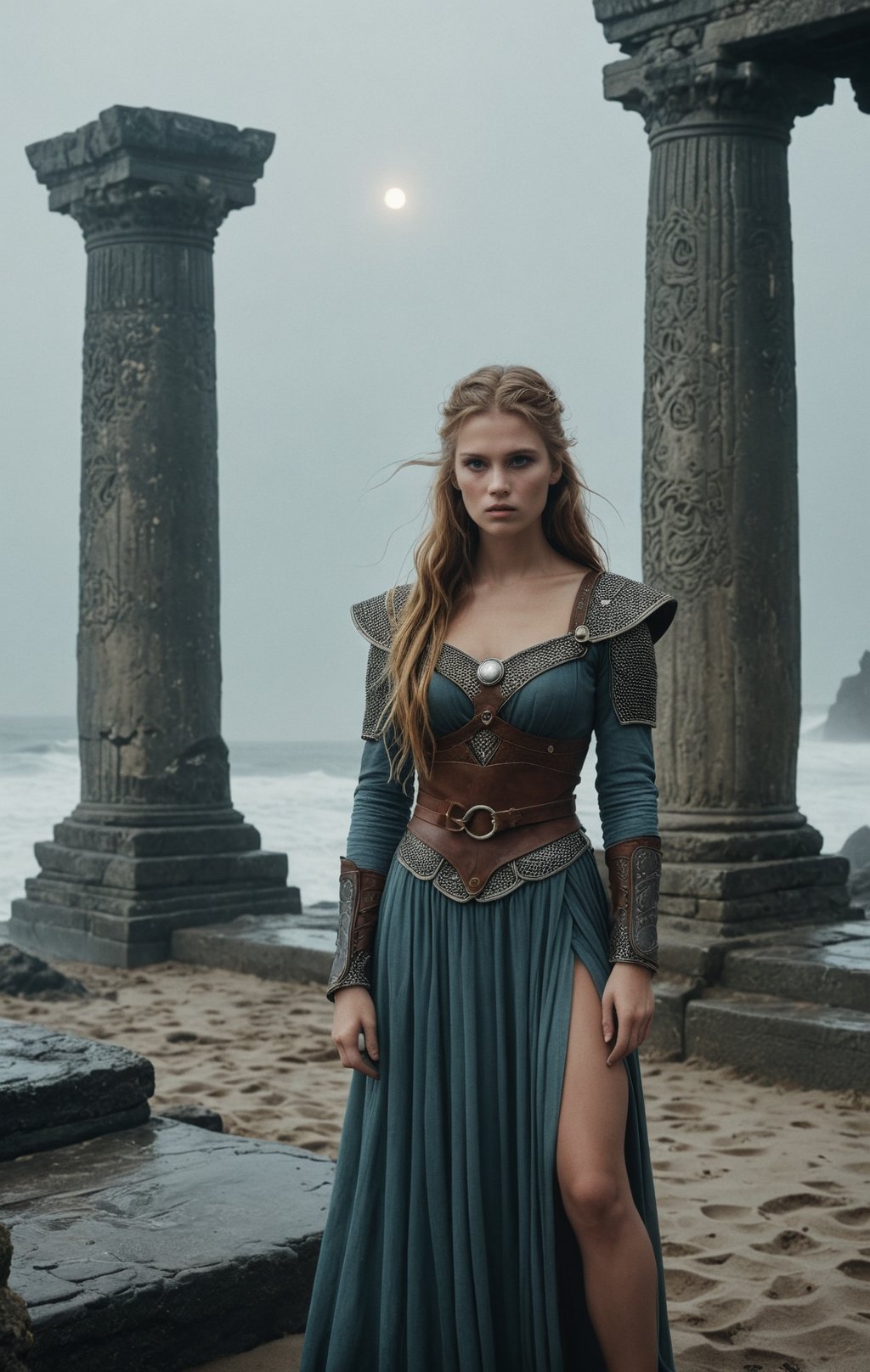 + Vikings shieldmaiden series, standing with a slight bending on your knees pose, in ancient mystical temples, view of worm, moon, surf, elemental, ethereal fog and dreamer, photo shoot of Alessio Albi, editorial photo shoot of Fashion magazine, fashion poses, Kinfolk magazine. Movie grain, movie photo shoot, misty background, smoked, film photograph, movie grain, old photo with movie grain, 8k, from lens view, DSLR Nikon D5 camera, lens 135 mm v2