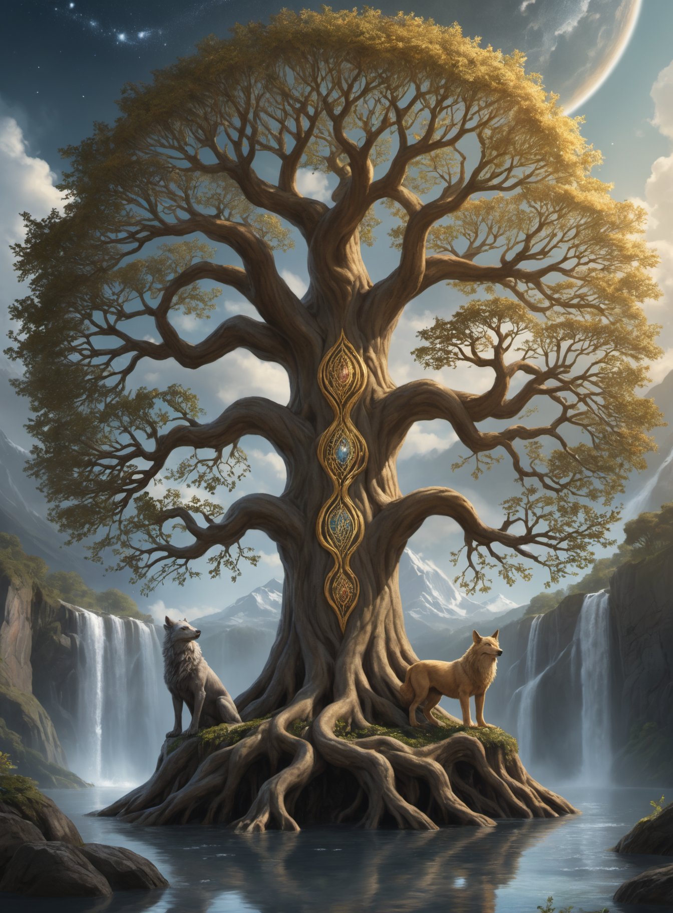 The paintingof the legendary Yggdrasil tree, reaching up towards the heavens with its sprawling branches adorned with leaves shimmering like gold and jewels. Beneath it lies the serene waters of the wellspring of Urd, reflecting the image of the majestic tree. At the base of the tree, the wild beast Fenrir, guardian of the underworld, gazes upon the scene with watchful eyes.