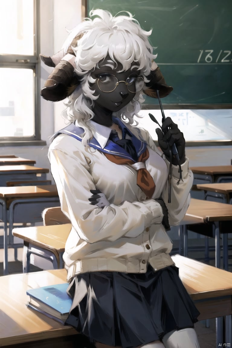  masterpiece,furry sheep girl,BlacknoseSheep,school_uniform,black face,classroom,glasses