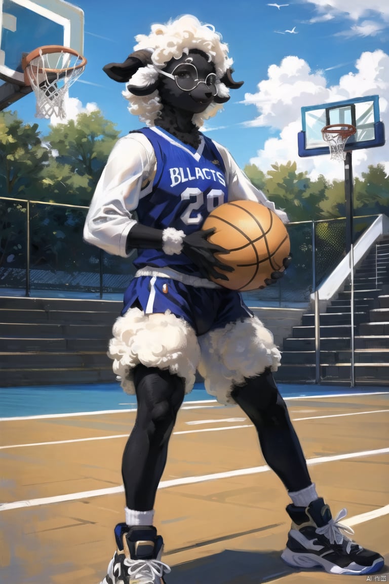  masterpiece,furry sheep girl,BlacknoseSheep,player_uniform,play basketball,black face,basketball court,glasses