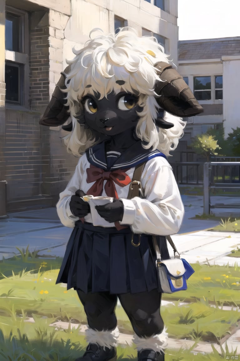  masterpiece,furry sheep girl,BlacknoseSheep,school_uniform,chibi,black face