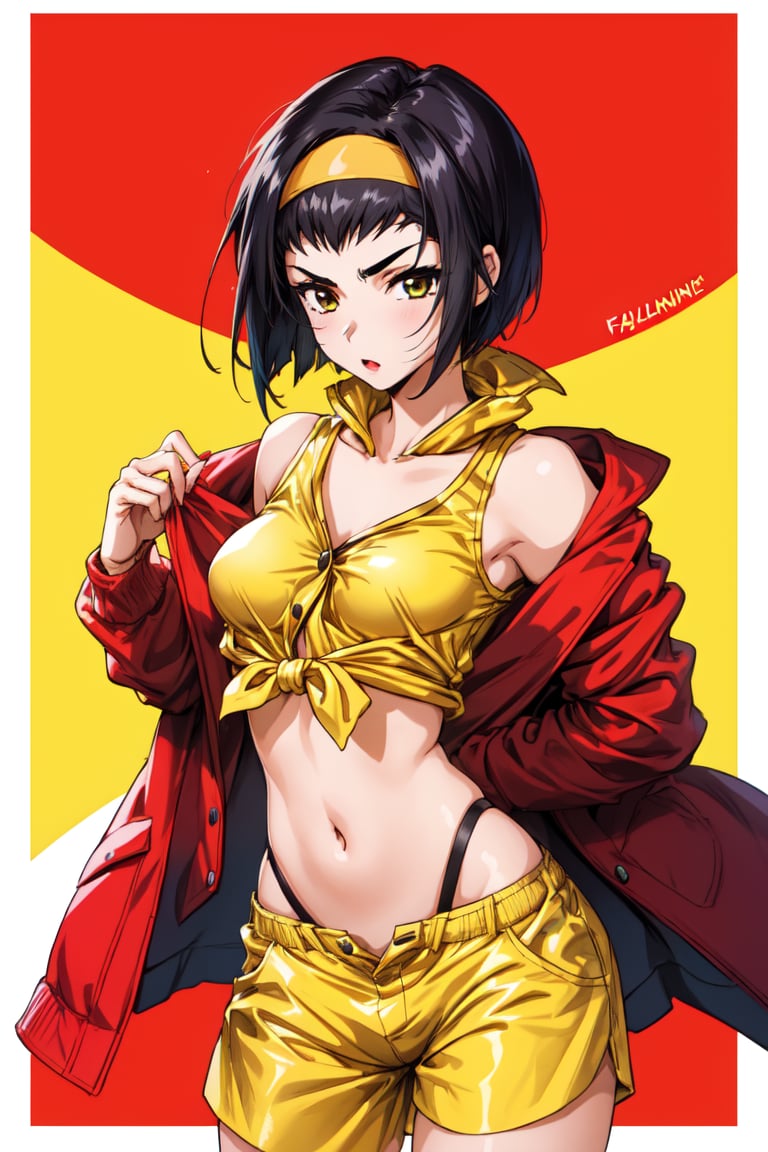 1girl ,fayevalentine,. short hair , yellow shirt, yellow shorts , yellow headband, red jacket 