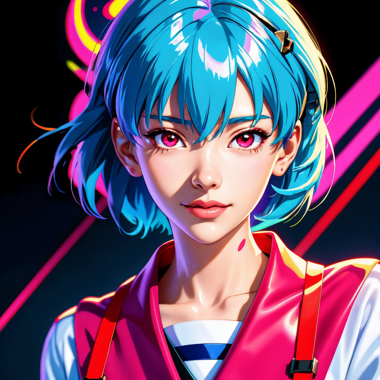 masterpiece portrait of smiling Rei Ayanami (evangelion), evangelion (Hideaki), caustics, high resolution illustration, red eyes, feminine, no pupils, blue hair, short hair, japanese school uniform, loafers, swpunk, synthwave, paint splatters, shaded flat illustration, digital art, trending on artstation, highly detailed, fine detail, intricate, splatter, outrun, vaporware, neon color