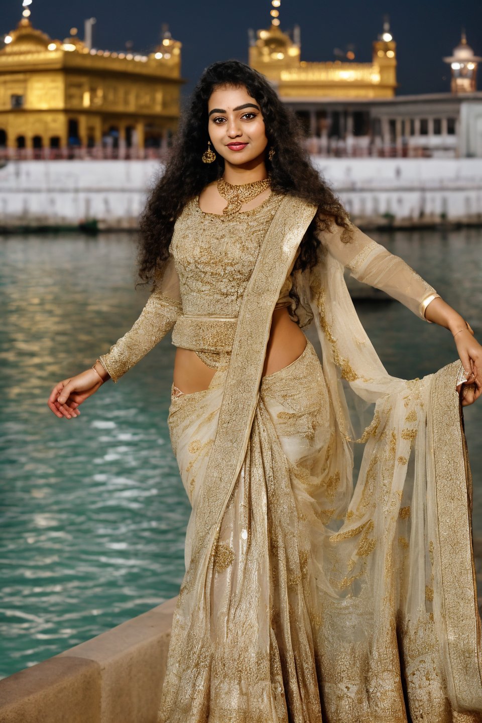 20 year old mallu woman, long curly brown hair,  front view, movie scene, cinematic, high-quality, ultra-detailed, professionally color graded, professional photography.  ( hard light:1.2), (volumetric:1.2), well-lit, double exposure, award-winning photograph, dramatic lighting, dramatic shadows, illumination, long shot, wide shot, full body, at in front of golden temple, smart watch on left hand, happy_face, Fast shutter speed, 1/1000 sec shutter, embroidered traditional indian dress,Mallu