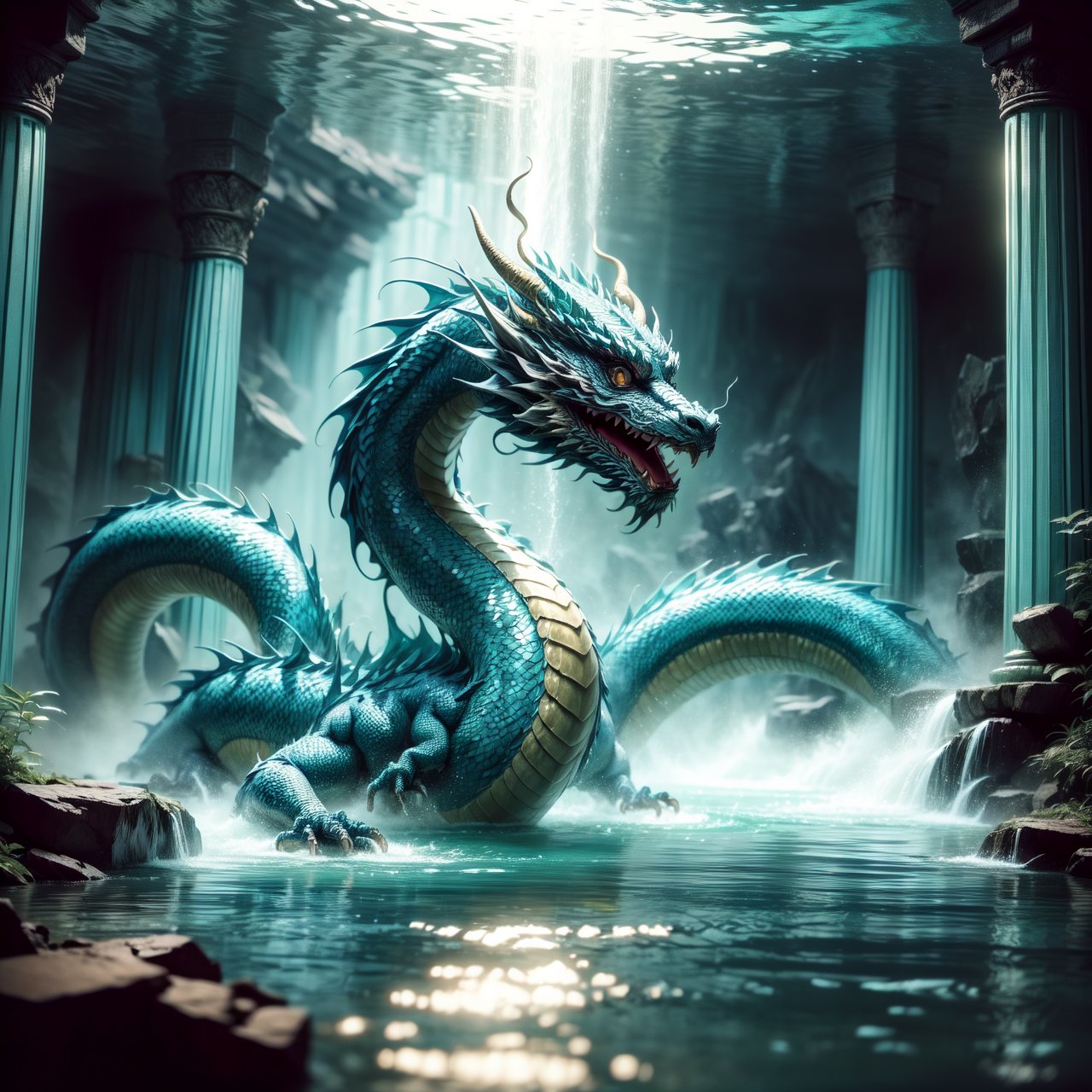 A mystical scene illustrating 'Hidden dragon, do not act' (潜龙勿用), emphasizing the presence of a traditional Chinese dragon. The dragon, with its splendid scales and powerful presence, is subtly depicted as lurking in the depths of a deep and ancient dragon pool, signaling a state of readiness yet restraint. The dragon's form is partially concealed by the dark, enigmatic waters, hinting at its immense potential and controlled power. The setting evokes a sense of mystery and anticipation, with the dragon's silhouette barely visible, representing the wisdom of hidden strength and the strategic patience of potential unleashed at the right moment.
By FuturEvoLab, (Masterpiece, Best Quality, 8k:1.2), (Ultra-Detailed, Highres, Extremely Detailed, Absurdres, Incredibly Absurdres, Huge Filesize:1.1), 