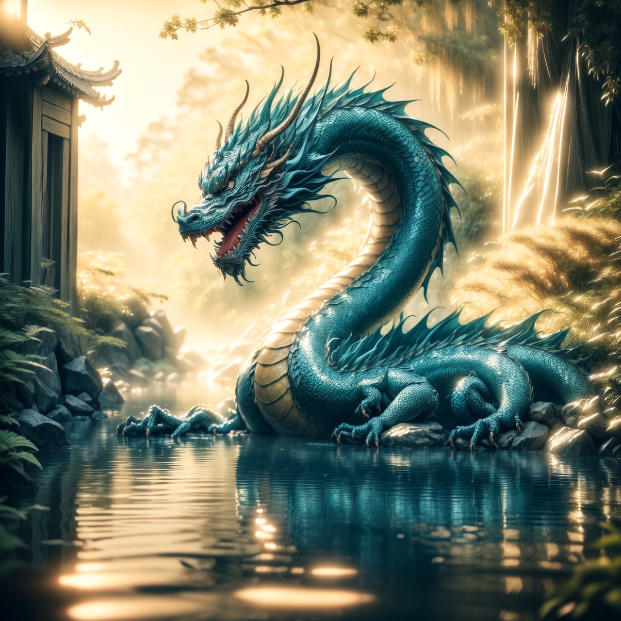 A serene and mystical scene representing 'Hidden Dragon, do not act' (潜龙勿用) from the I Ching. A traditional Chinese dragon, intricate and detailed, is depicted in a state of rest or subtly emerging from the shadows or water, symbolizing potential and power that is not yet revealed or used. The setting is peaceful and natural, with soft lighting and perhaps hints of mist or water, reflecting the dragon's hidden and dormant state, 
By FuturEvoLab, (Masterpiece, Best Quality, 8k:1.2), (Ultra-Detailed, Highres, Extremely Detailed, Absurdres, Incredibly Absurdres, Huge Filesize:1.1), 