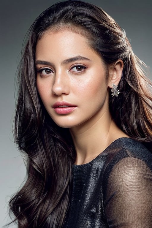 A detailed portrait of a young woman exuding elegance and natural grace. She has a voluminous updo hairstyle with wisps of hair tenderly framing her face. Her hazel eyes are accentuated by tasteful makeup, with a few light freckles across her nose and cheeks. She wears a high-necked black top, suggesting a blend of casual refinement. The lighting should illuminate her face against a subdued background, emphasizing her calm and confident expression. High Fashion, dynamic, dramatic, elegant, High fashion Vogue cover Dramatic photography, supermodel, avant garde style,Salshabilla,est4,Maudyaunda,pevit4