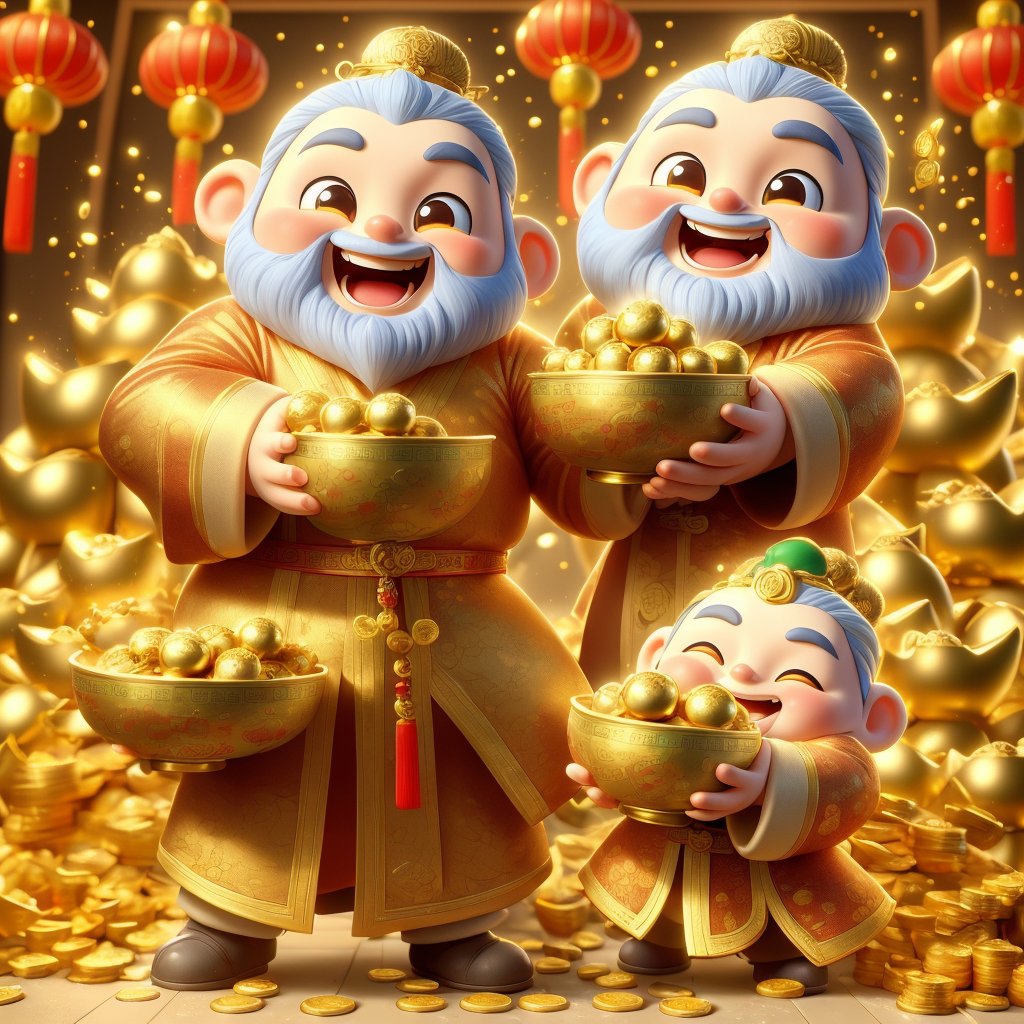 a cartoon character holding a bowl of gold coins,God of wealth, ray tracing lighting, chinese heritage, gnome, being delighted and cheerful, an unexpected windfall, still image from the movie, official splash art, wealth, an emperor, happy appearance, protect,