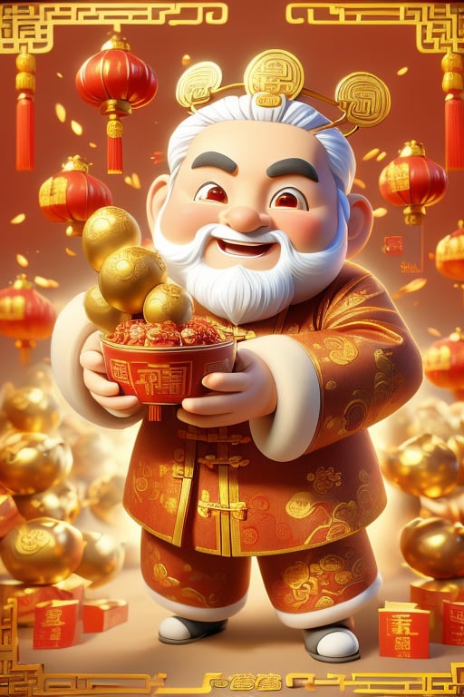 3d Chinese New Year cartoon background. Old man, Cute God of Wealth flying through the screen. Background of digital red envelopes.