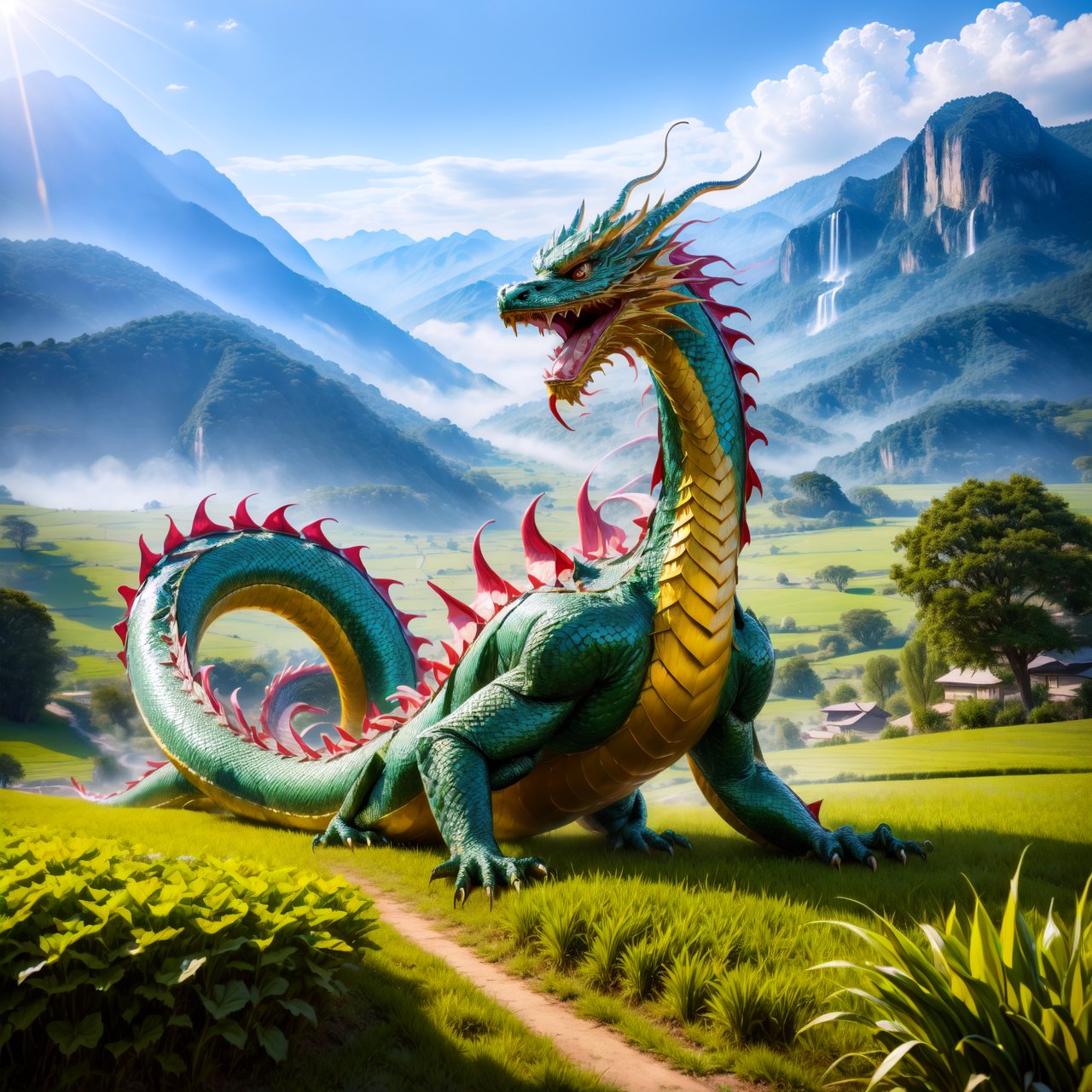 A striking depiction of 'The dragon appearing in the field' (见龙在田), focusing on the image of a traditional Chinese dragon. The dragon, with its splendid scales and regal posture, is prominently displayed against a backdrop of lush fields, symbolizing newfound visibility and the awakening of potential. The dragon's appearance is majestic and formidable, with its body elegantly coiling and its gaze piercing, embodying wisdom and emerging power. The surrounding fields are rich and fertile, enhancing the significance of the dragon's emergence and the promise of growth and prosperity.
By FuturEvoLab, (Masterpiece, Best Quality, 8k:1.2), (Ultra-Detailed, Highres, Extremely Detailed, Absurdres, Incredibly Absurdres, Huge Filesize:1.1), 